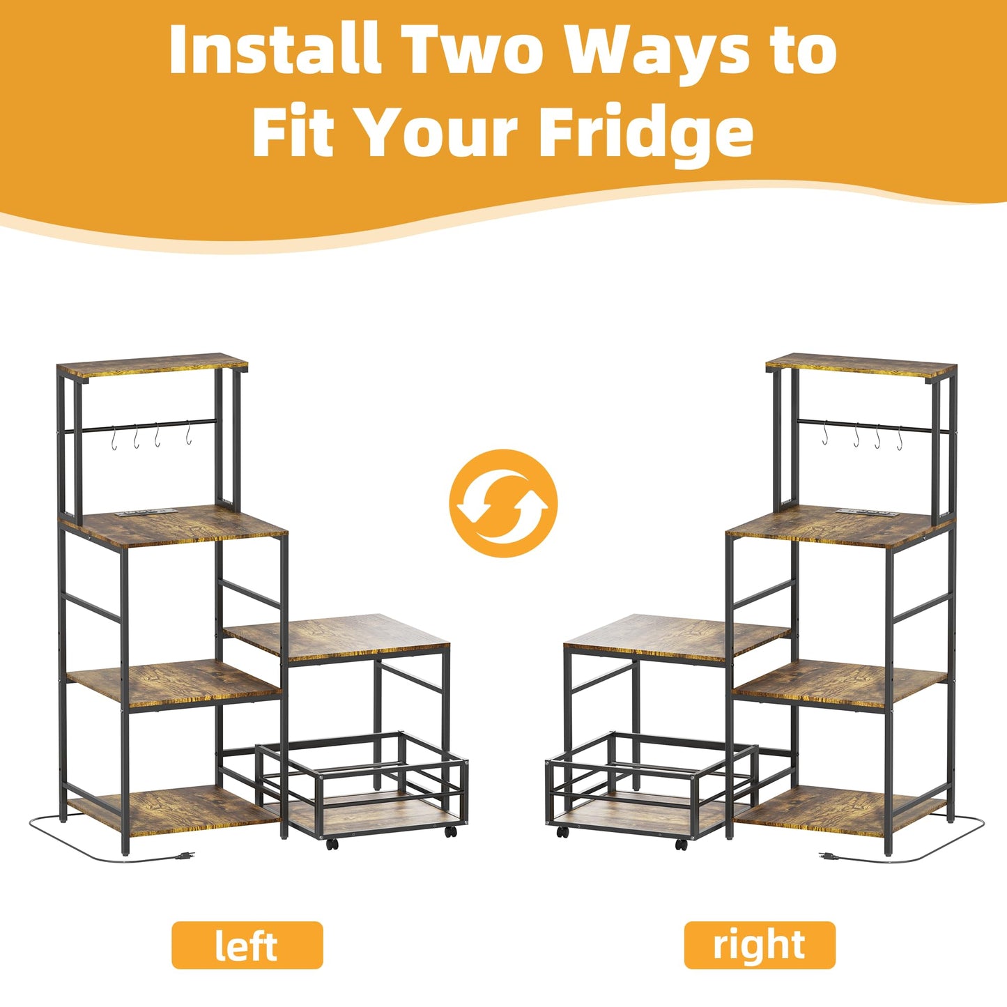 HYPIGO Mini Fridge Stand with Storage, Coffee Bar Cabinet Station with Power Outlet, Kitchen Baker’s Rack with Adjustable Shelf, Movable Basket, Refrigerator Organizer for Kitchen, Dorm, Home, Office