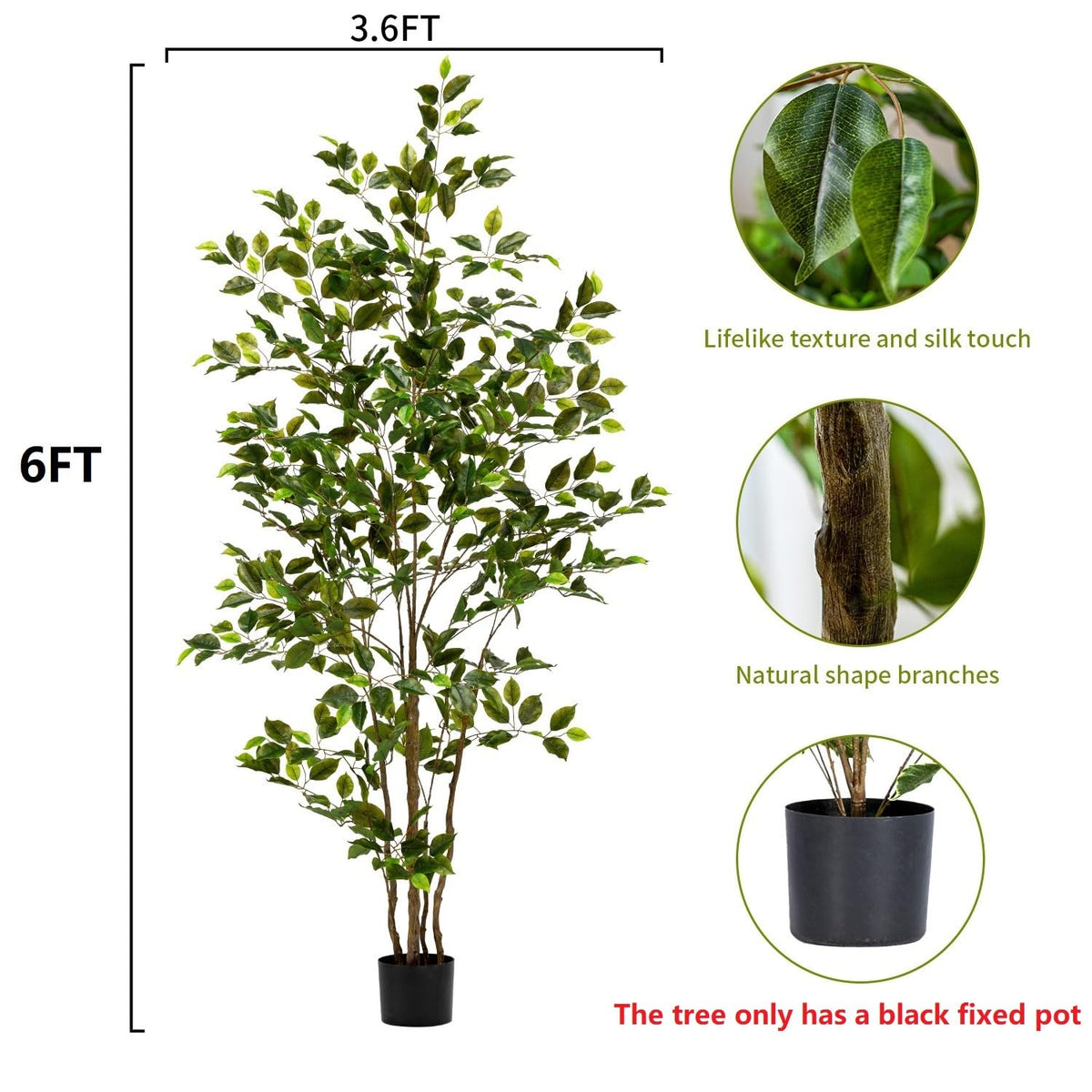Bailikang Artificial Ficus Tree Indoor 6ft, Large Potted Faux Tree with Realistic Silk Leaves & Trunk for Home Office, Living Room Corner Decor