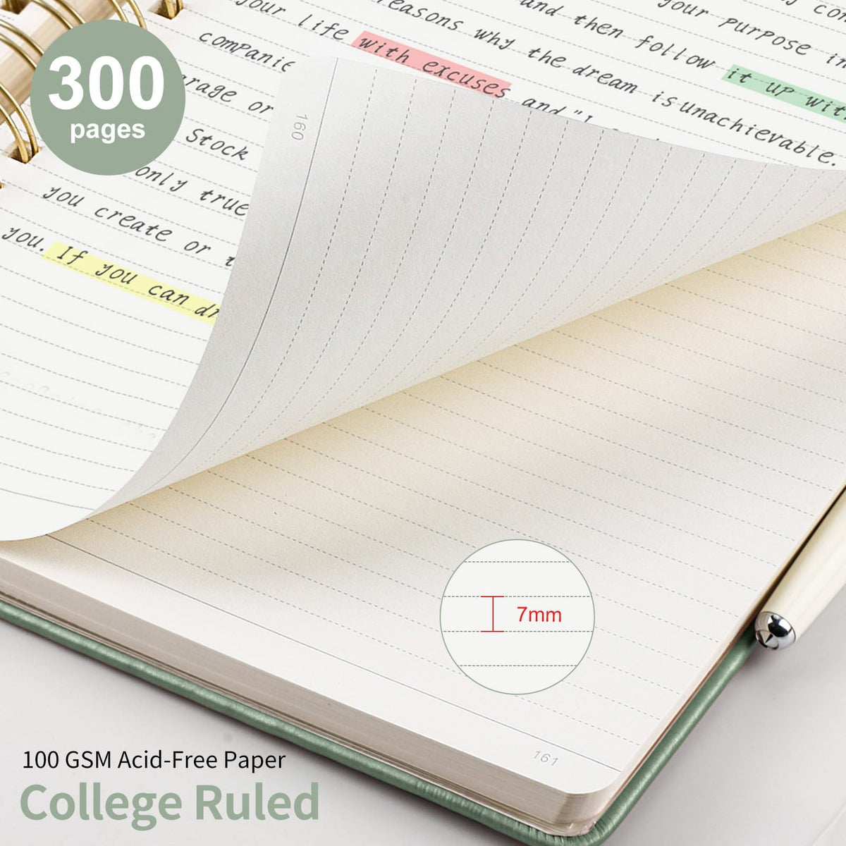 EMSHOI B5 College Ruled Spiral Notebook, Thick 300 Numbered Pages, 100GSM Ink-Proof PU Leather Hardcover Lay-Flat Lined Journal for Work Office School Writing, 7.48"x10.15", Light Green