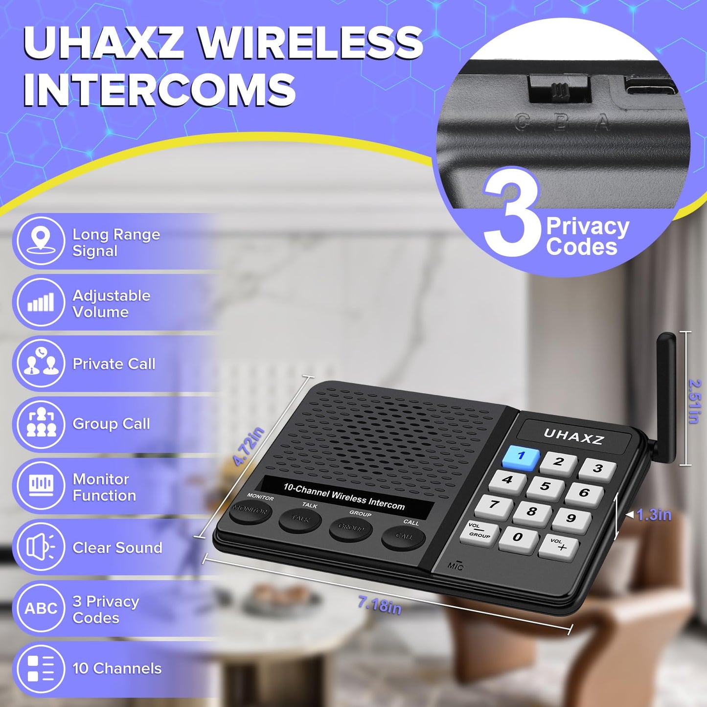 UHAXZ Intercoms Wireless for Home, Long Range Wireless Intercom 6000ft, Intercoms for Home with Group Call, Clear Sound, 8 Volume Levels Intercom System for House Business Office Elderly(2 Packs)