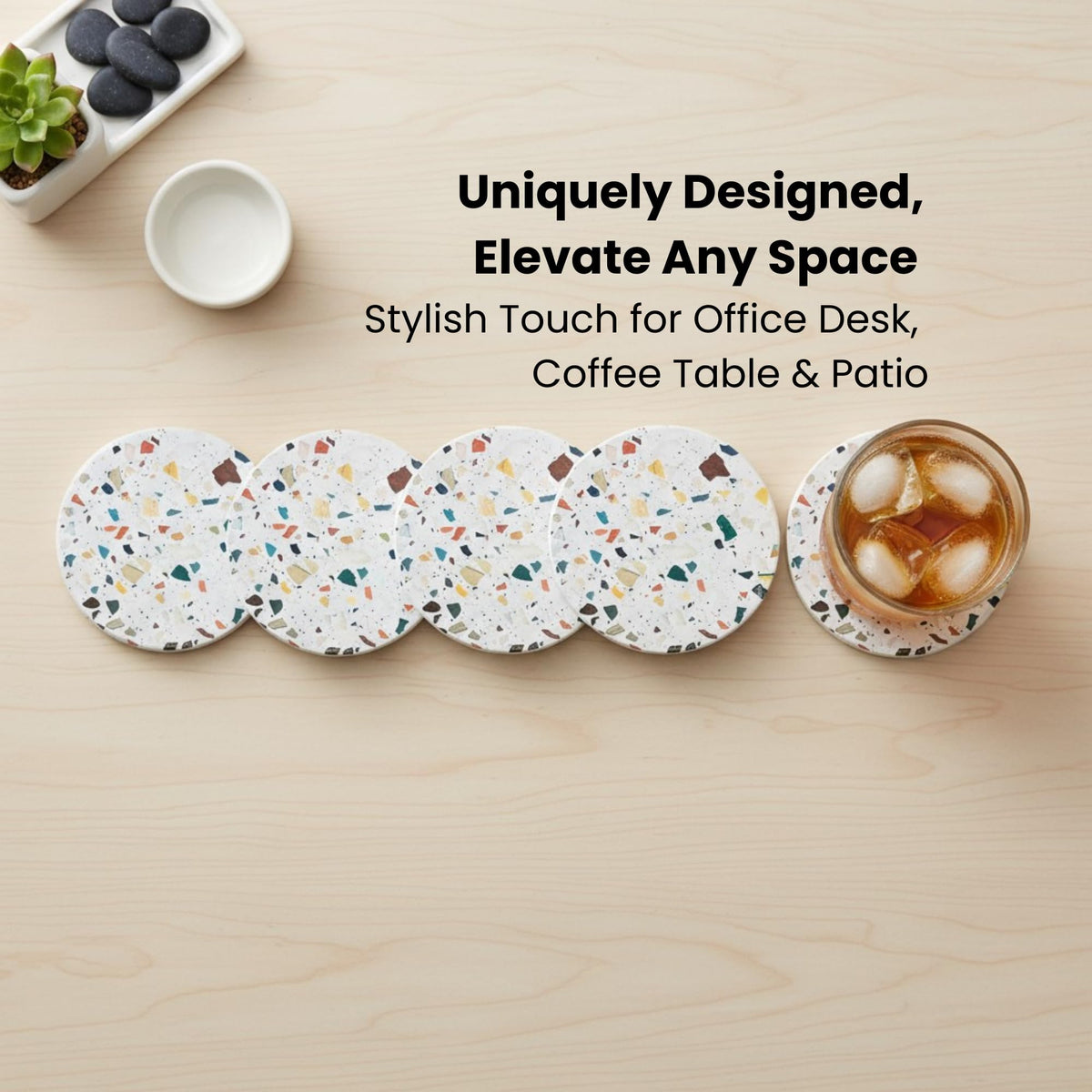Absorbent Terrazzo Drink Coasters Set of 6 with Holder, Ceramic Drink Coasters for Coffee Table Decor, Water-Absorbing Stone Coasters (Mosaic)