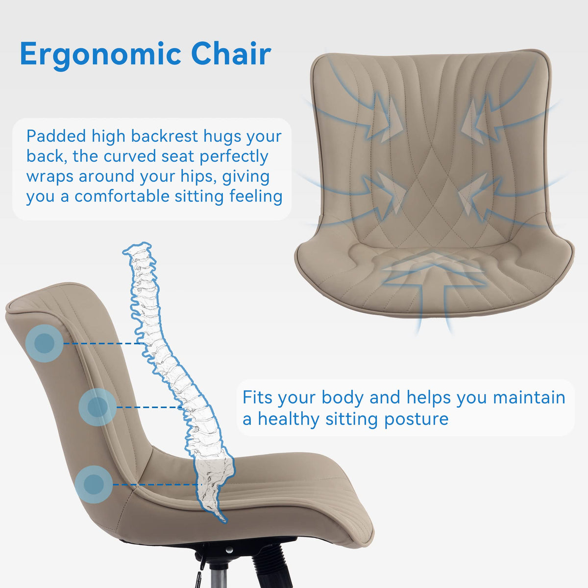YOUNIKE Office Chair, Desk Chair with Wheels, Home Office Computer Task Chairs, Modern Faux Leather Padded Vanity Chair, Adjustable Swivel Armless Office Chairs with Back, Khaki