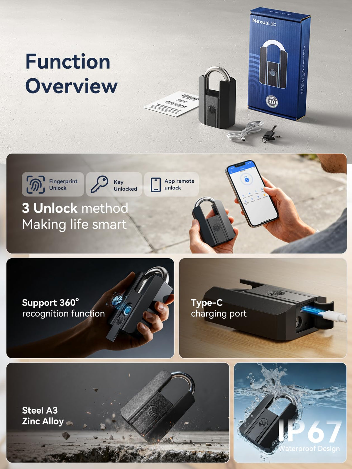 NexusLab Heavy Duty Smart Fingerprint Padlock with Key, IP67 Waterproof Bluetooth Outdoor Gate Lock, Anti-Theft App Control & Log Record, High Security Gym, Fence, Shed, Pool & Storage Unit Locks