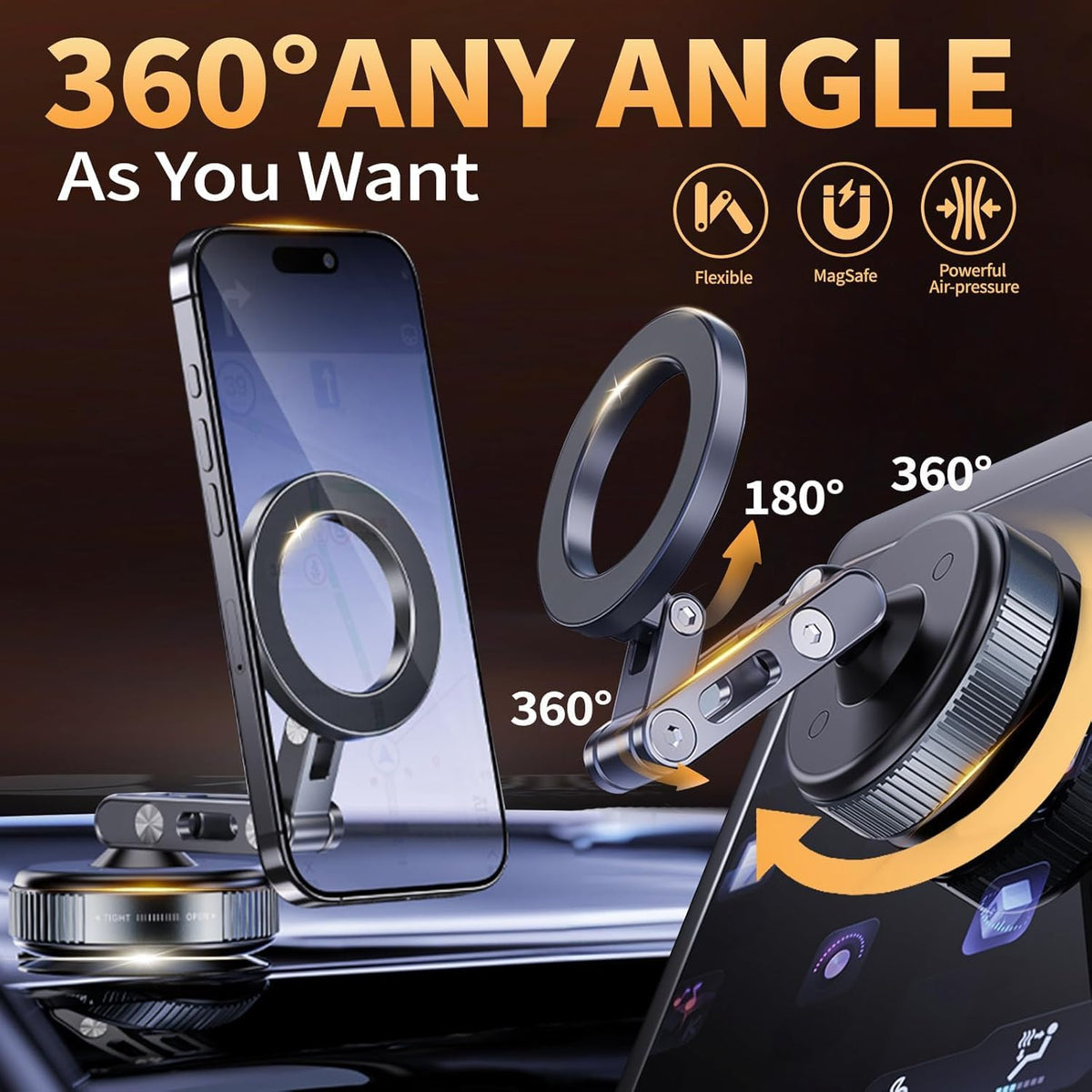 for MagSafe Car Mount – Vacuum Lock Magnetic Phone Holder with Strong Suction Cup, Adjustable Extendable Phone Stand, 360° Rotatable Dashboard & Windshield Mount for iPhone 16 15 14 13 12 Pro Max
