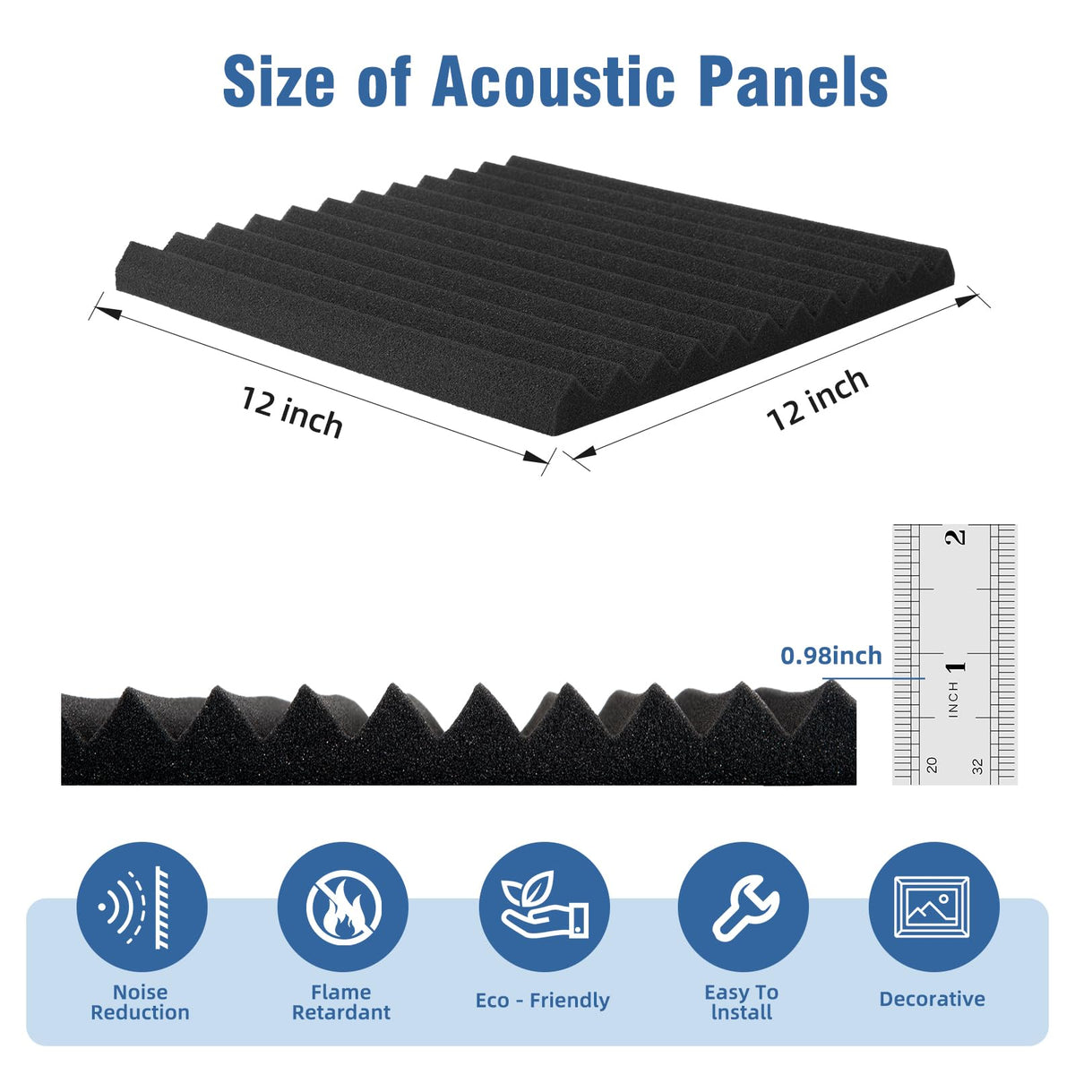 12 Pack Sound Proof Foam Panels,12"×12"×1" Acoustic Foam Panels, High Density Soundproof Wall Panels for Home Office Recoding Studio,With 250PCS Adhesive Stickers (Black, 12 Pack)