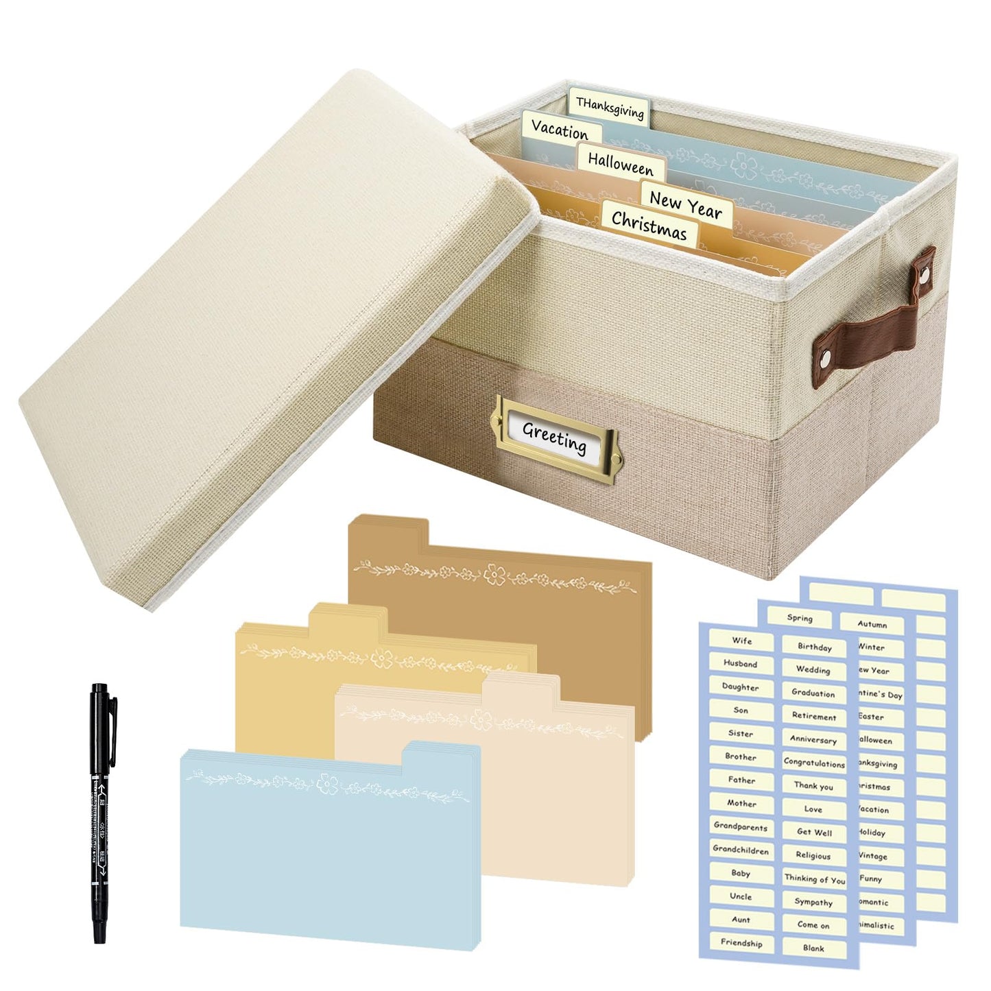 Remowith Greeting Card Organizer, Linen Storage Box with 20 Removable Dividers, 84 Labels & 1 Marker, Perfect for Greeting Cards, Photos, Envelopes, Stickers, Postcards, Beige&Khaki