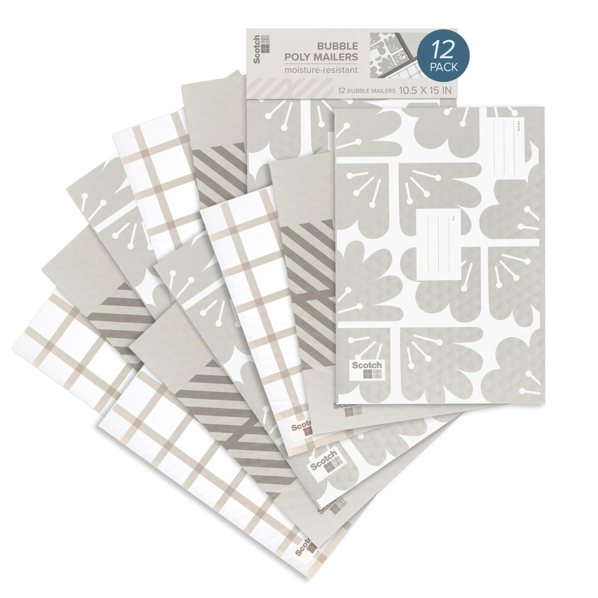 Scotch Poly Bubble Mailers, Assorted Taupe Designs, Size 5 Large, 10.5 in x 15 in, 12 Mailers