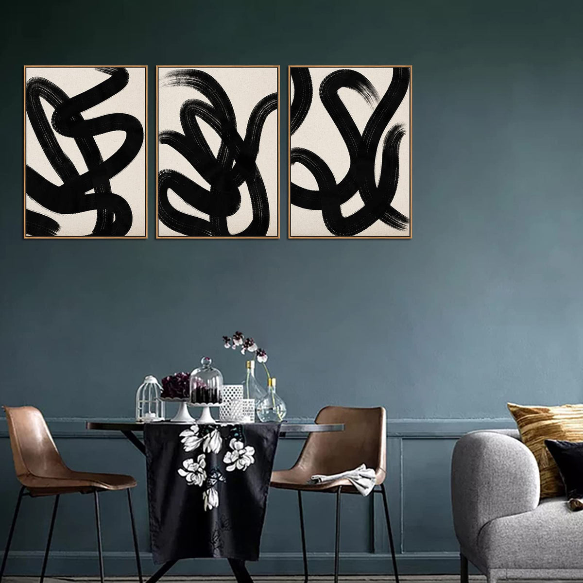 Framed Wall Art Canvas Set Abstract Lines Pictures Modern Mid Century Boho Wall Decor Minimalist Abstract Black Stroke Lines Canvas Painting Artwork Living Room Bedroom Home Office 20"x28"x3 Natural