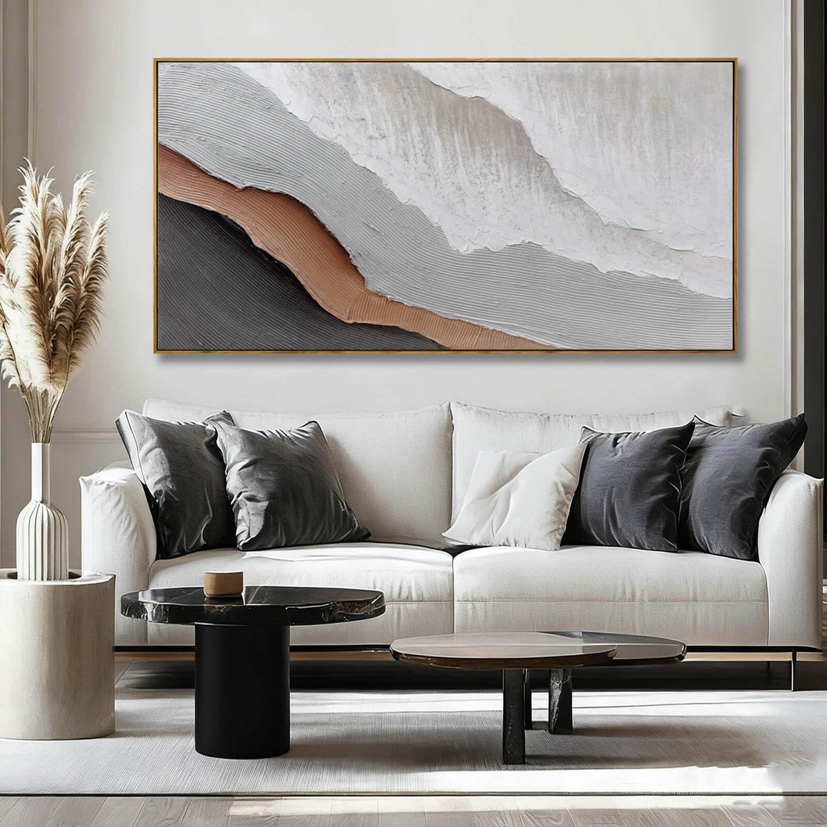 Textured White Wall Art,Grey Abstract Artwork,Large Framed Modern Pictures,Wave Landscape Oil Painting 24"x48"for Home Office Gallery