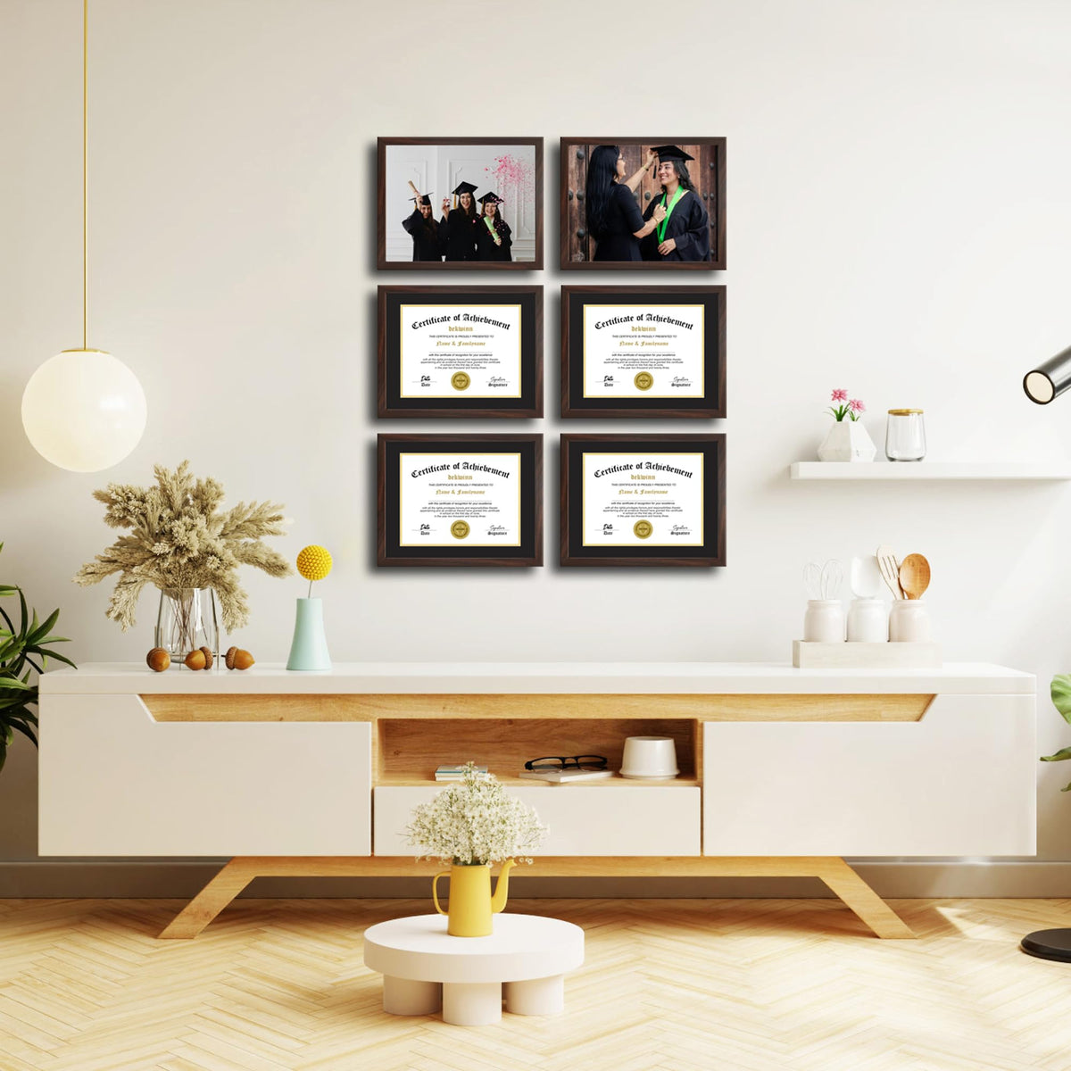 DEKWINN, Diploma Frames 8.5x11 with Mat or 11x14 without Mat,Set of 6 Certificate Document Frame with Real Glass for Wall and Tabletop Display in Walnut(Black/Gold Double Mat)