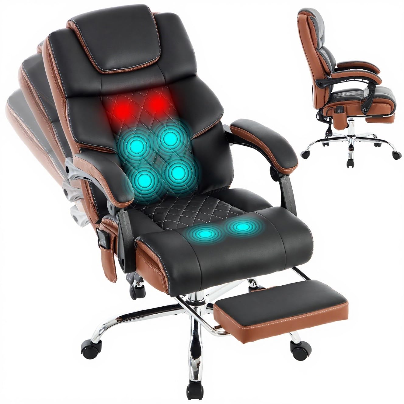 Massage Office Chair 6 Points 500lbs with Footrest,Reclining Desk Chair with Vibration Heat,Executive Big and Tall Chairs for Heavy People,Adjustable Height Ergonomic Black