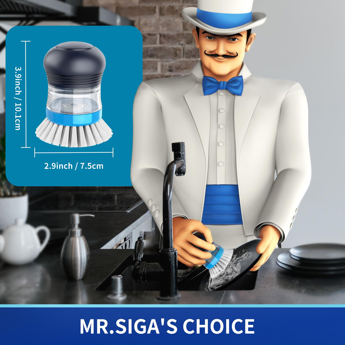 MR.SIGA Soap Dispensing Palm Brush, Kitchen Brush for Dish Pot Pan Sink Cleaning, Pack of 2, Navy/Blue