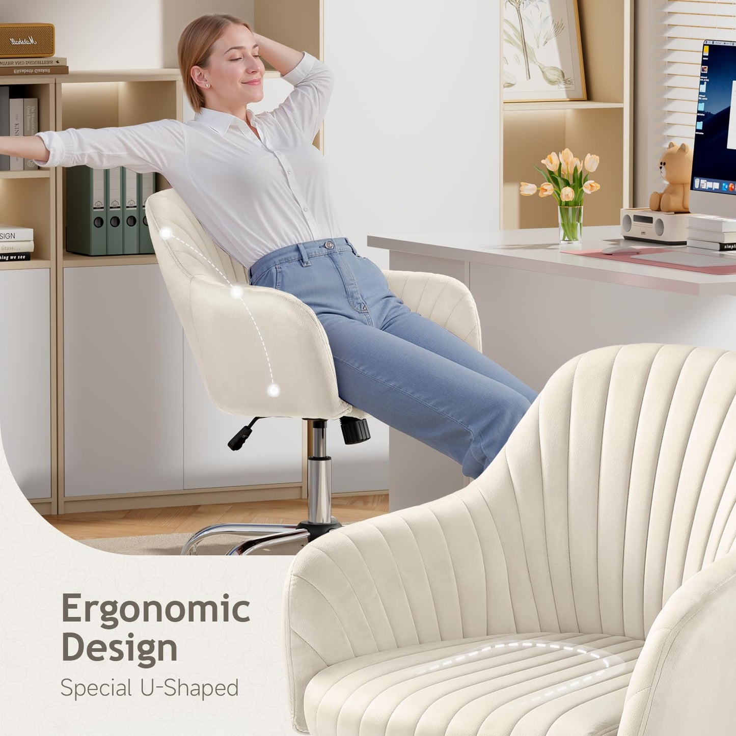 Warmiehomy Velvet Desk Chair for Home Office, Modern Adjustable Swivel Task Chair, Women Vanity Chairs with Arm Rest for Bedroom Dressing Room, Cozy Beige