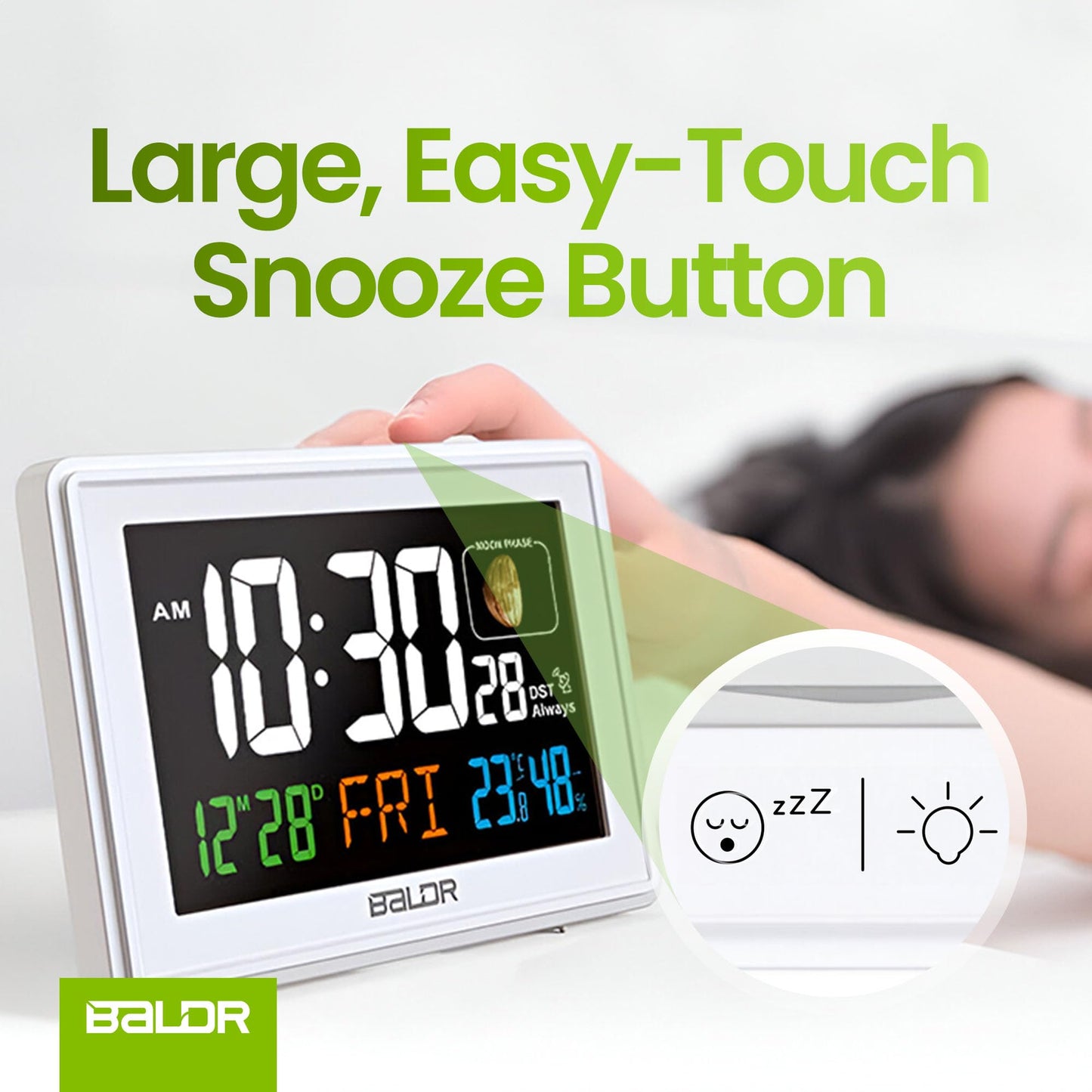 Baldr Atomic Clocks for Bedrooms Digital Large Display - White - Desk Clock with Temperature Indoor and Humidity, Night Stand Clock, Moon Phase Clock, Alarm Clocks for Living Room, Digital Clock Wall