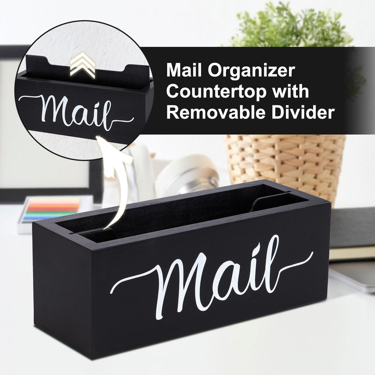 Lucundm Desk Mail Organizer, Mail Organizer Countertop, Wood Desk Mail Storage Box, Envelop Holder for Home Office (Black-2 slot)
