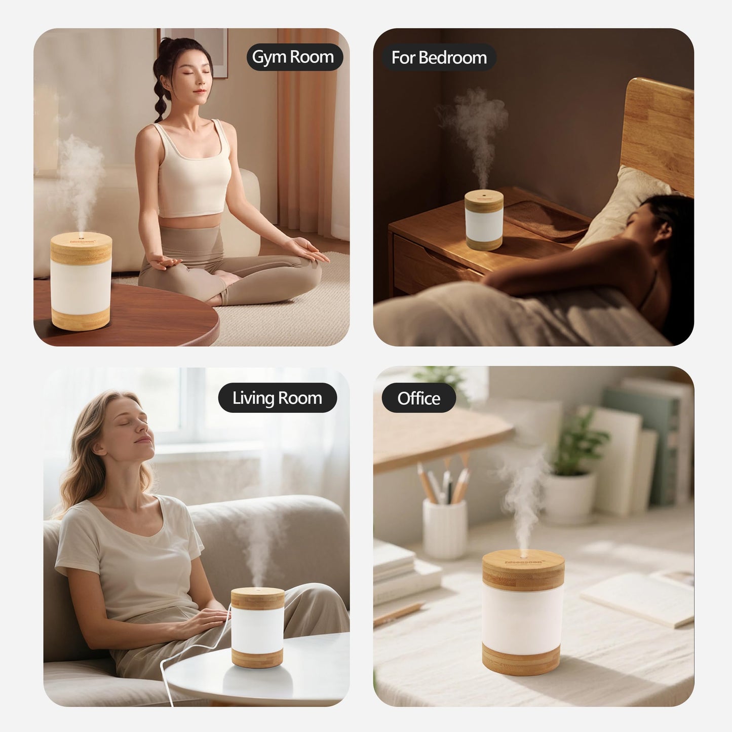 Bamboo Ultrasonic Mini Humidifier, 400ml Quiet Desktop Humidifier with Dual LED Night Light, USB-C Powered, Auto Shut-Off, Portable Small Room Air Moisturizer for Bedroom, Desk, Office & Travel