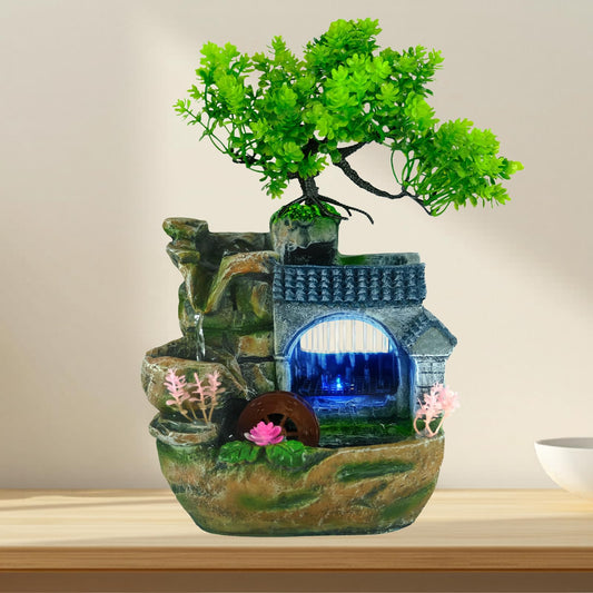 Tabletop Waterfall Fountain, Resin Indoor Desk Fountain with Color-Changing LED Lights, Quiet Pump Small Rockery Water Feature with Faux Bonsai Tree for Home, Office, Bedroom, Relaxation Decor