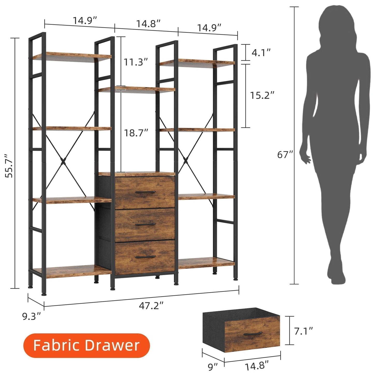 AFLUI Triple Bookshelf with 3 Fabric Drawers, 4-Tier Book Shelf and 10 Display Shelves, Industrial Large Bookcase for Home & Office, Rustic Brown, 47'' Wide