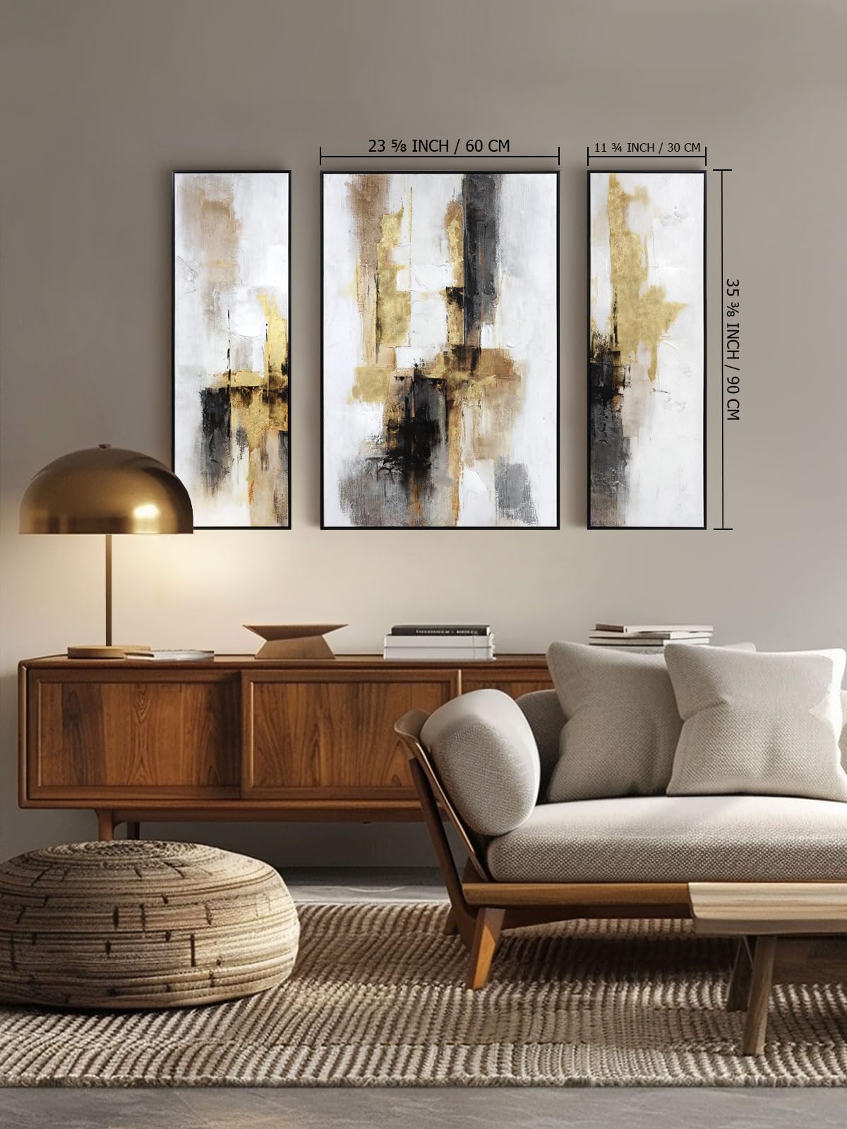 3-Piece Black & Gold Abstract Wall Art - Modern Textured Canvas Prints with Hand-Applied Brush Strokes, Large Wall Decor for Living Room, Bedroom, or Office, 2 x 12 x 36 and 1 x 24 x 36 Inches