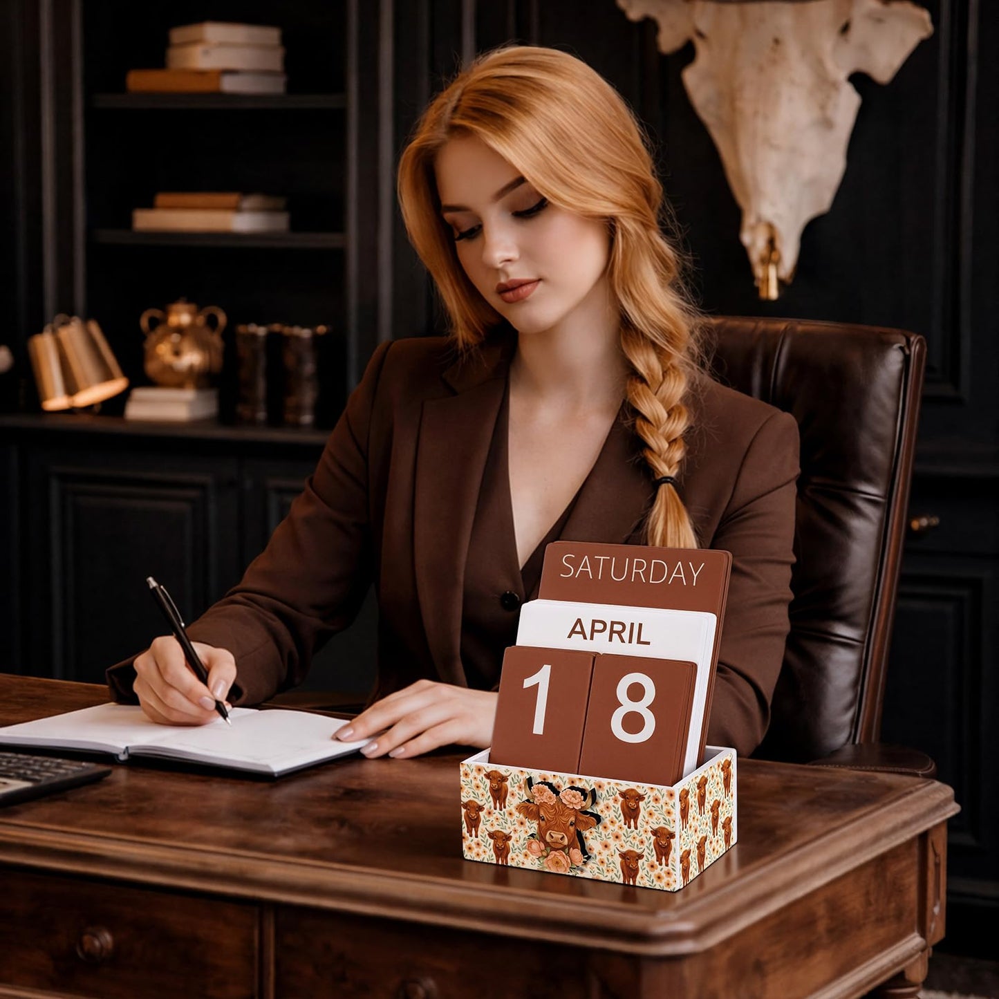 AceOrbit Highland Cow Wood Block Perpetual Calendar Coquettish Desk Decor Cute Month Week Date Display Decorative Block Calendar for Women Office Home Desk Gift for Women