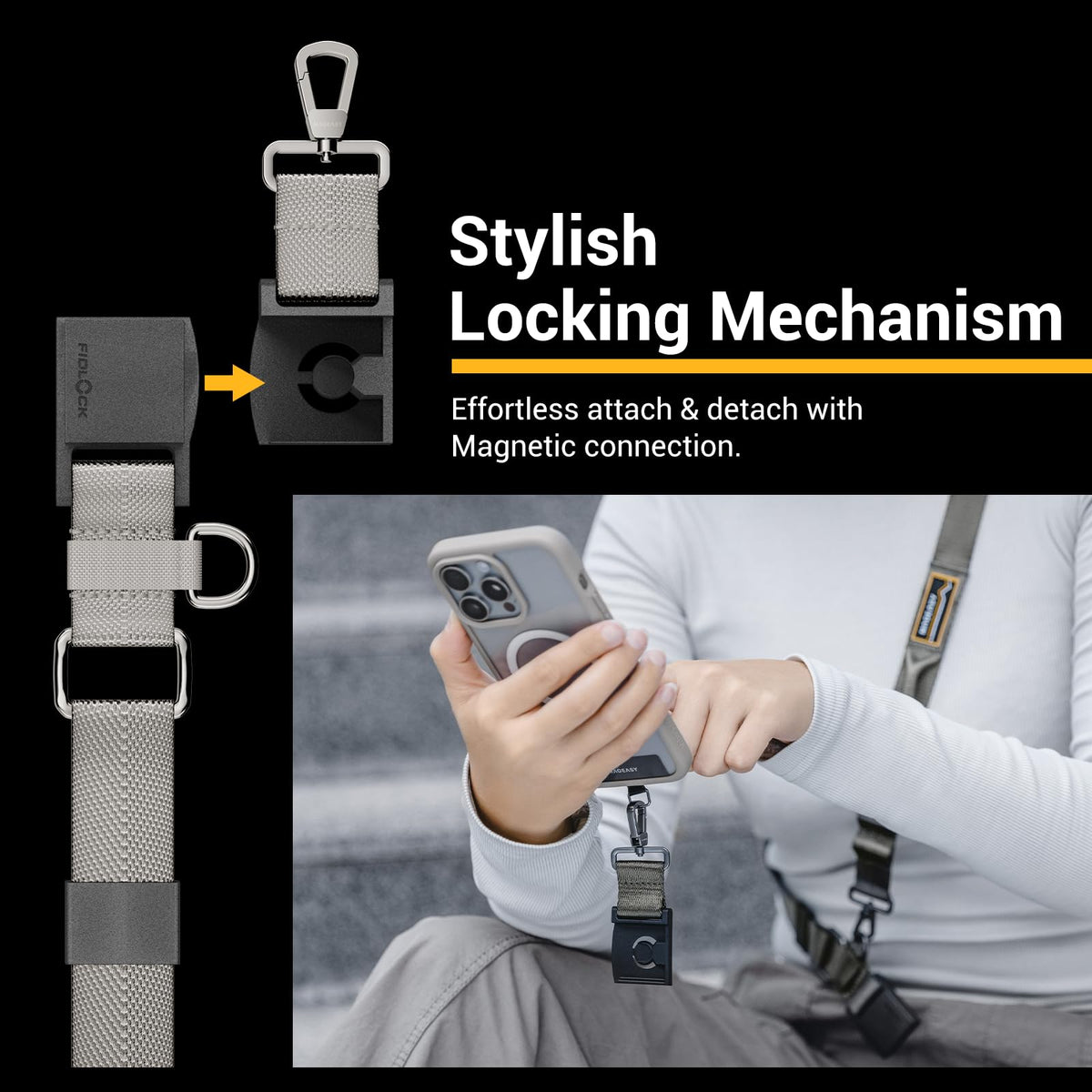 MAGEASY Utility Phone Lanyard Crossbody Strap with Quick-Lock Buckle + 360° Rotatable Hook + Attachment Loops for Keys, Hands-Free iPhone Holder for Travel Hiking Concerts (Starlight)