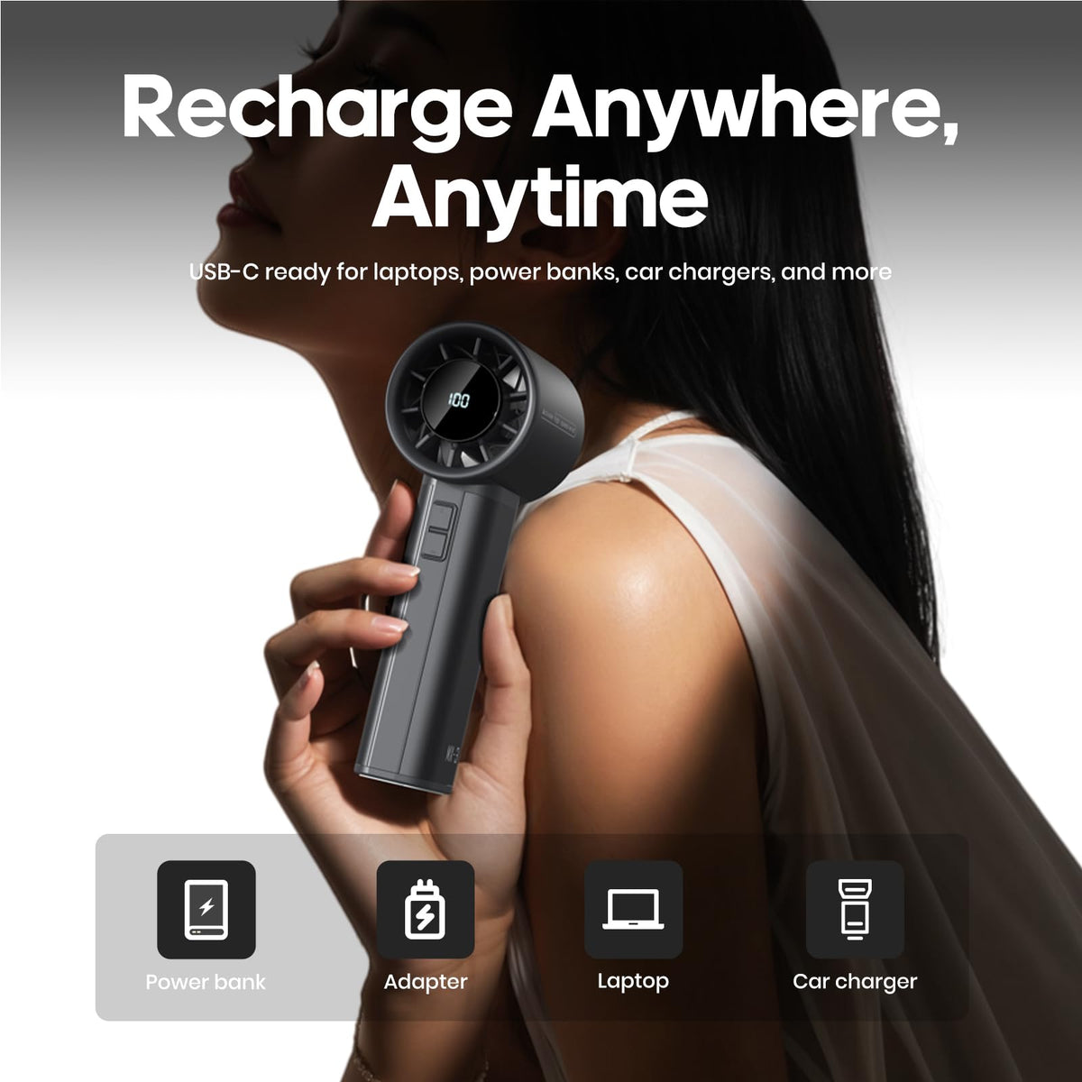 Sowmow Portable Handheld Turbo Fan, 100 Speeds Adjustable Mini Personal Fan, 4500mAh USB-C Rechargeable Battery Operated, Digital Display, Ultra-Quiet & Durable for Travel, Office, Gym, Outdoor Black
