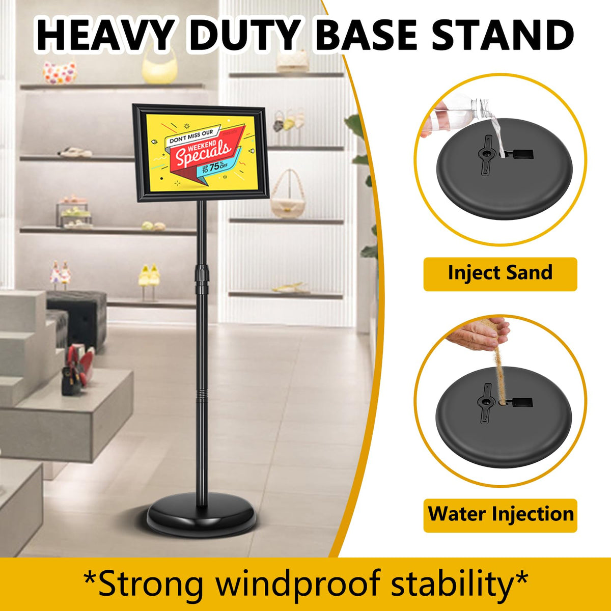 2 Pack Sign Holder Stand 8.5x11 Inch, Adjustable Sign Stand, Floor Standing Sign Holder, Snap-Open Frame Display, 360° Rotation Outdoor Indoor Poster or chalk board Display for advertising,Malls,Black