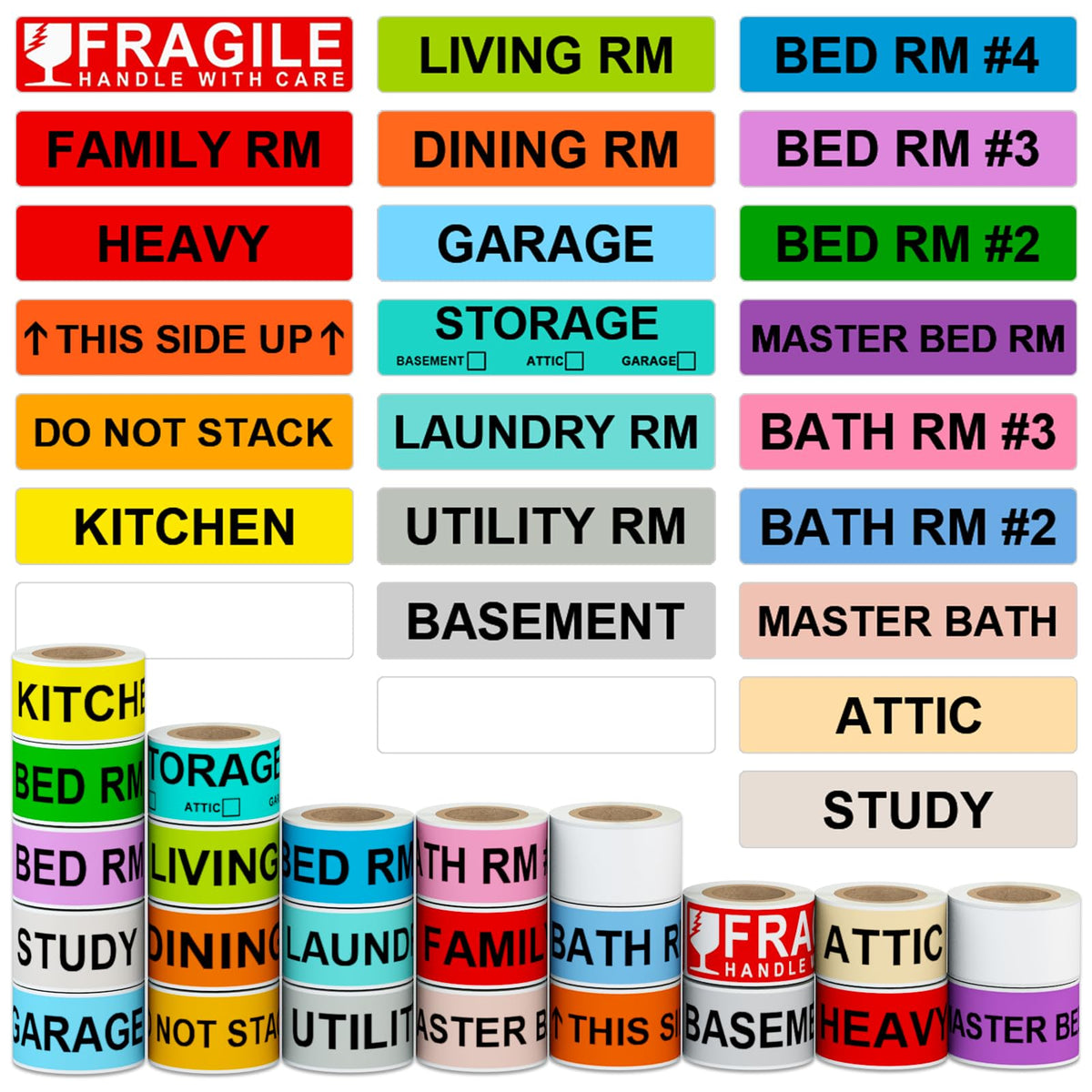 Moving Box Labels – 1440 PCS (24 Rolls) Color Coded Room Stickers, 1''x4.5'' Strong Adhesive Home Packing Stickers for Boxes of Bedroom, Kitchen, Garage, Fragile & Heavy Item Warning Labels, BIAlabel