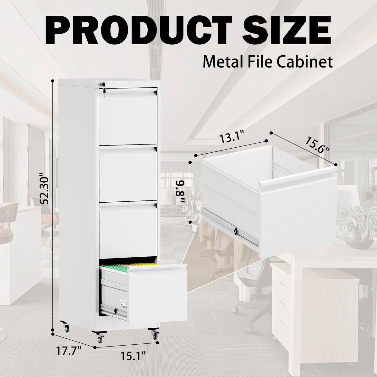 FOSTOKO File Cabinet with Lock, 4 Drawers Filing Cabient with Wheel, Steel Vertical Filing Storage Cabinet for Home Office, Heavy-Duty File Cabinets for Letters/Legal/A4 (Require Assembly, White)