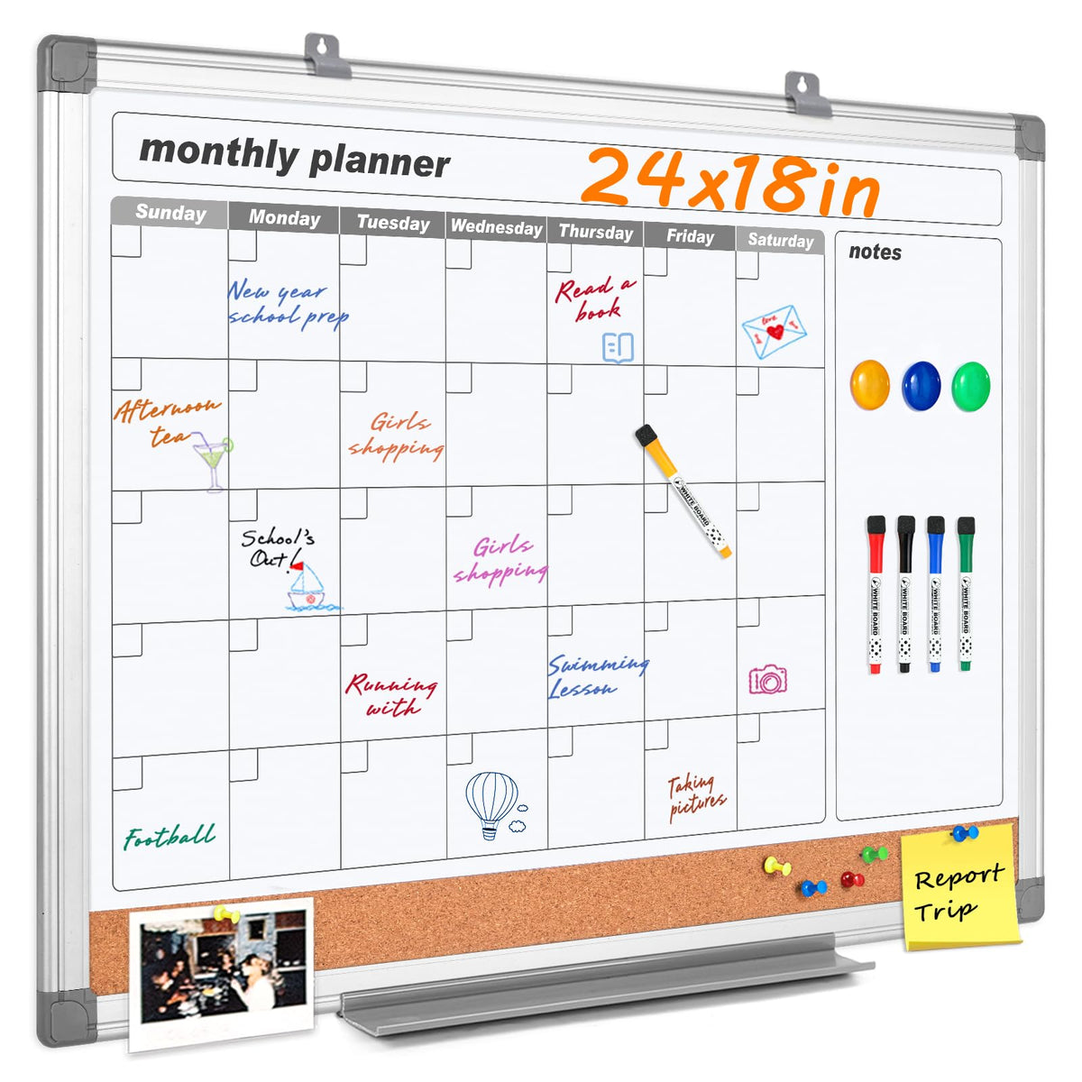 MAKELLO Dry Erase Calendar for Wall 24" x 18", Whiteboard Calendard with Cork Board for Office, Home, School, Family, Kitchen and Bedroom