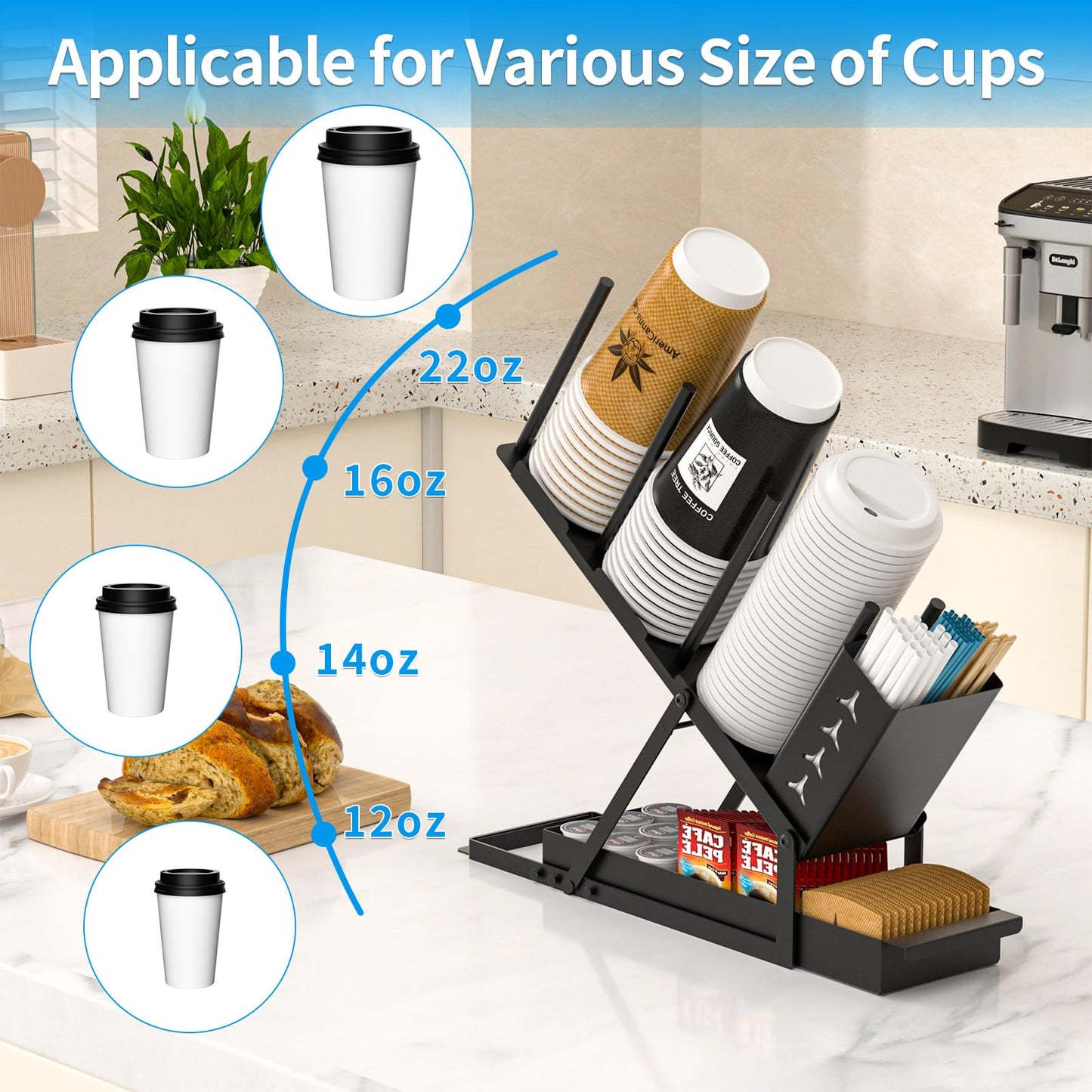 RCHYFEED Cup and Lid Holder with Straw Holder, Metal Cup Holder for Countertop, 5 Compartment Coffee Station Organizer Cup Holder for Coffee Bar Accessories, Disposable Cup Lid Organizer