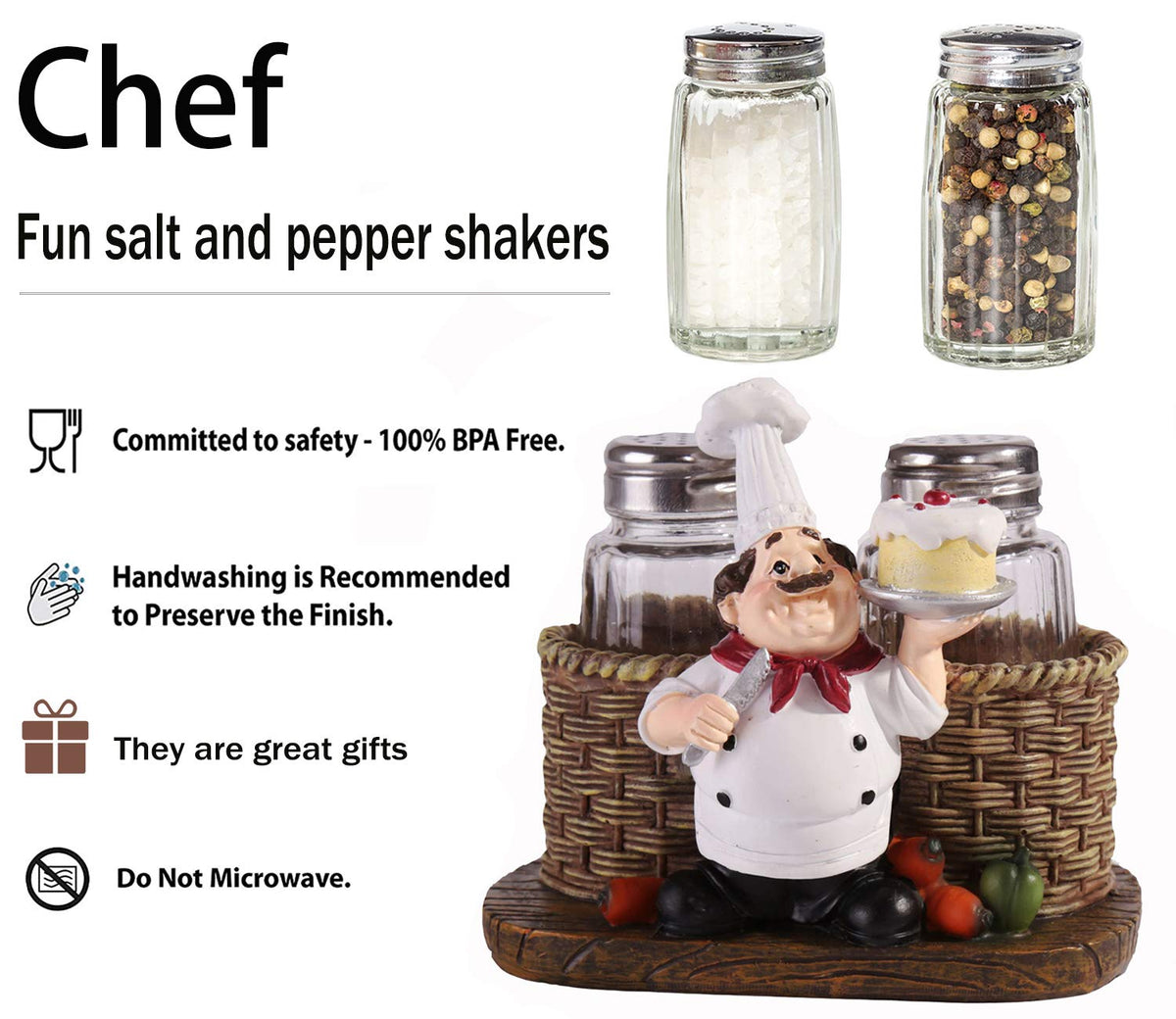 Salt and Pepper Shakers Set,Sitting Chef Decorative Statue Spice Organizer,Glass Spice Jars with Holder Figurine Gift for Family,Kitchen,Restaurant, Cafe,Bakery (Cake)
