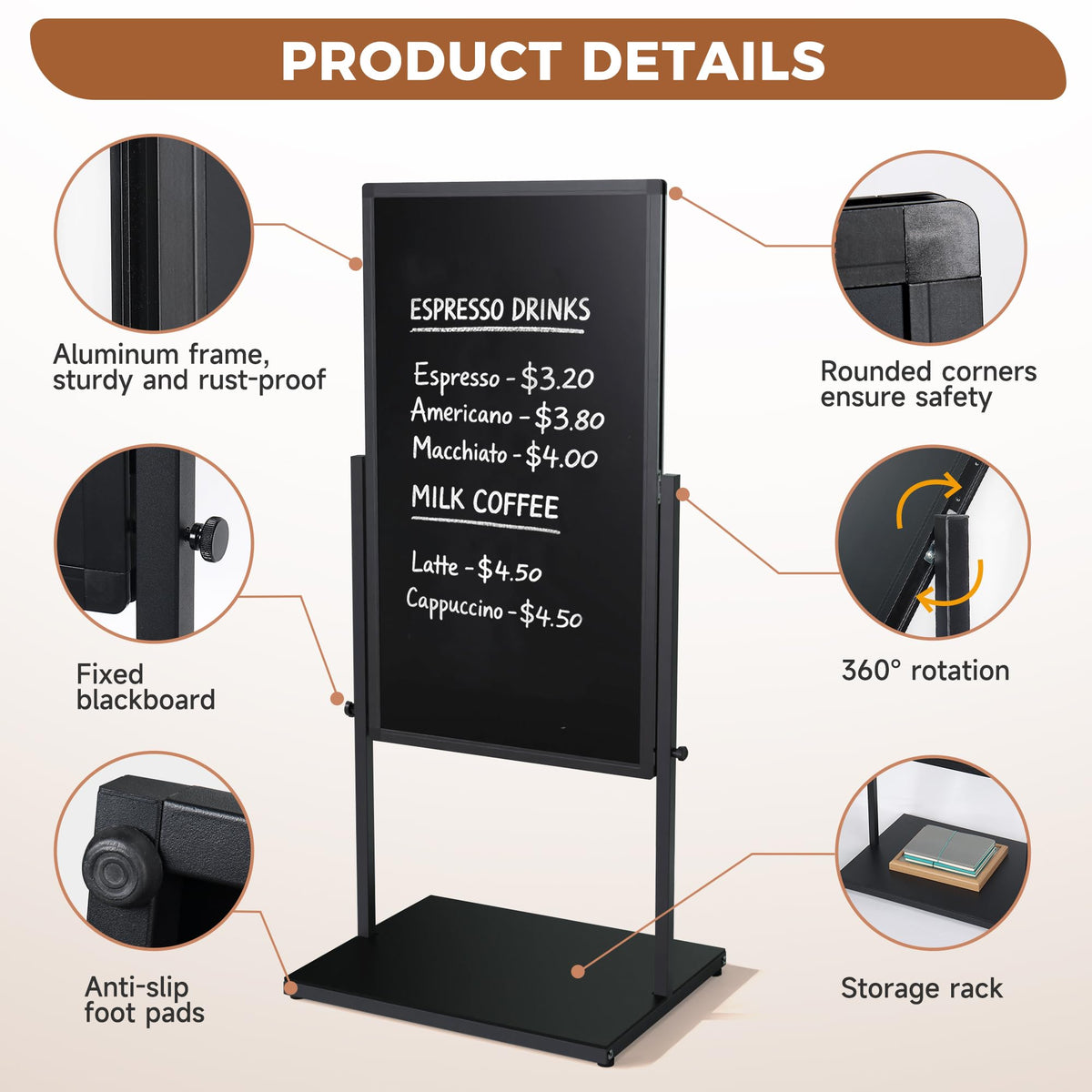 SELEAD 20”x45” Magnetic Aluminum Frame Chalkboard with Metal Floor Stand - 360° Reversible Double-Sided Chalk Board Heavy-Duty Indoor Outdoor Sign Board for Menu, Business, Cafe, Home Office