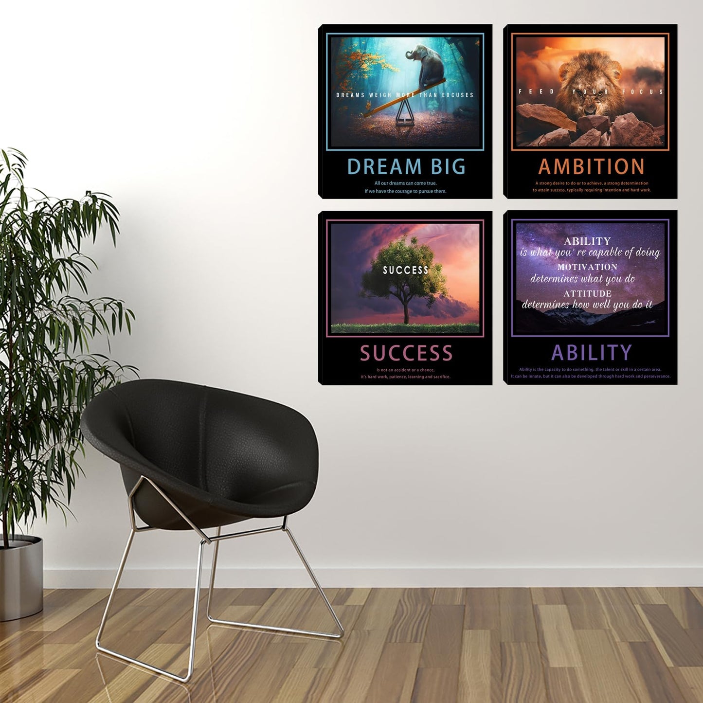 Motivational Wall Decor Art Office Wall Decor Inspirational Wall Art Success Canvas Paintings Quotes Posters Wall Picture 4 Pieces Framed Artwork Living Room Bedroom Home Decoration 20"x20"x4pcs