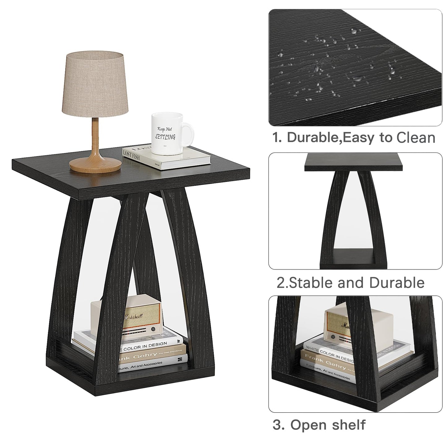 FROMJBEST End Tables Living Room, Side Table Beside Sofa, Nightstand for Bedroom, Couch Side Table with Shelf, Modern End Table for Living Room, Black End Table Set of 2