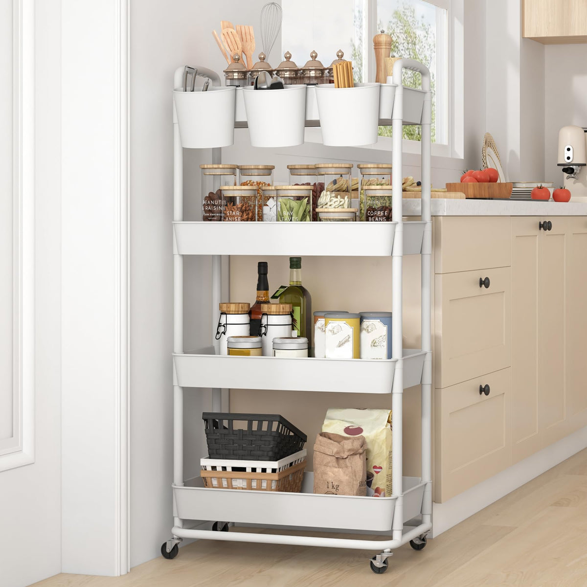 JIUYOTREE 4-Tier Plastic Rolling Storage Cart Utility Cart with Extra Hanging Cups Handles Lockable Wheels for Living Room Bathroom Kitchen Office White