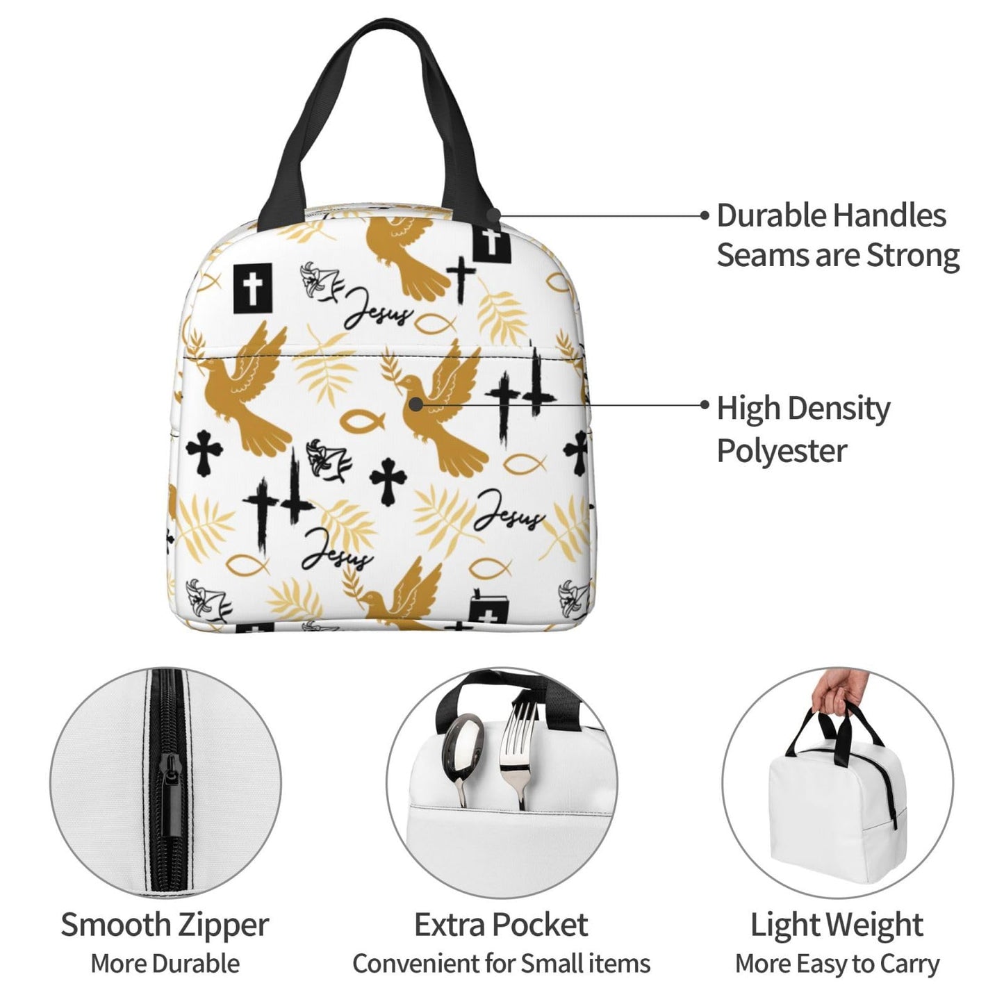 Jesus Cross Insulated Lunch Box Reusable Lunch Bag, Cooler Lunch Tote Bag for Women Men Picnic Office Work