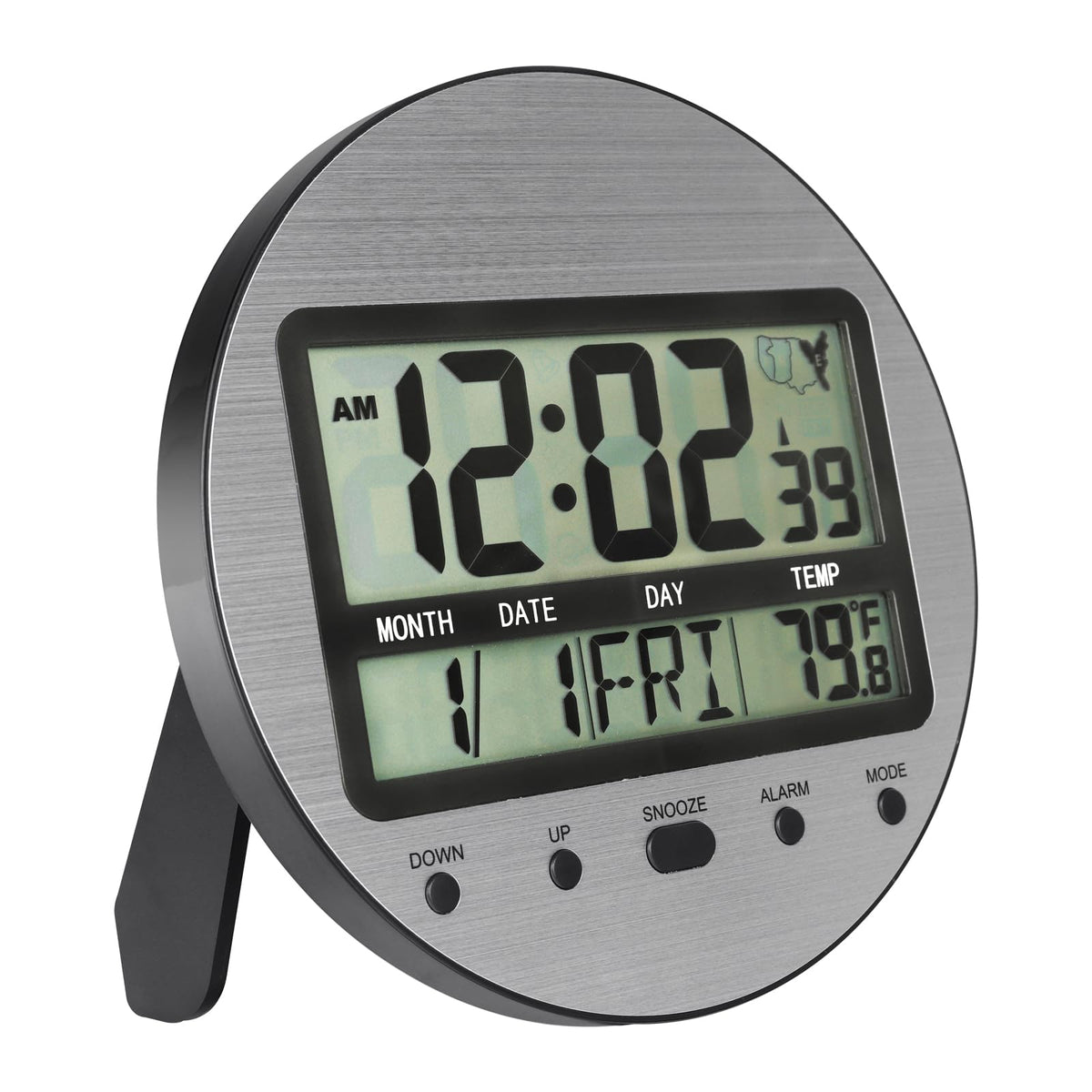 Atomic Digital Wall Clock Battery Operated, Self-Setting, Large Display with Temperature, Date, Day of The Week, Seconds, Round Wall Mount Digital Clock - 4 Time Zones, DST, Aluminum Metal Dial