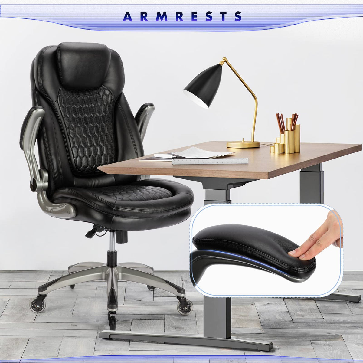 Executive Office Chair-Ergonomic Computer Desk Chair, High Back Leather Chair with Padded Flip-up Arms, Swivel Home Office Chair Upgraded Caster-Black