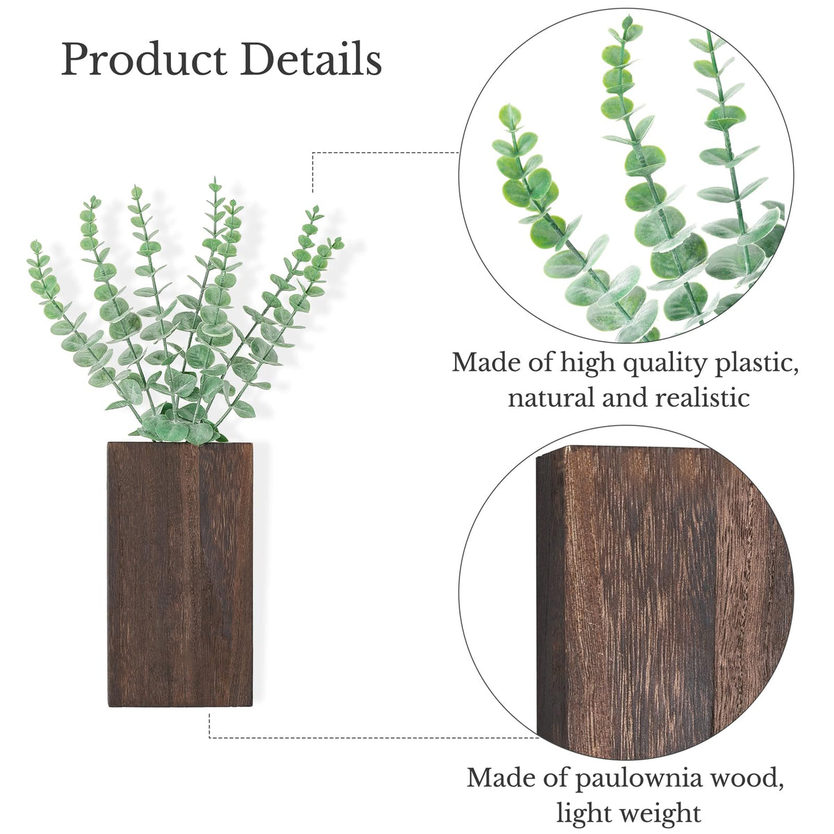 Dahey 2 Pack Wood Wall Planter Vase with Artificial Eucalyptus Farmhouse Wall Hanging Decor Pocket Planter for Indoor Fake Plants Greenery, Living Room Bedroom Kitchen Home Office Decoration