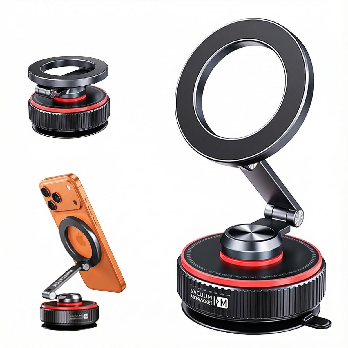 makecatch Magnetic Car Phone Mount, 120+ LB Vacuum Suction & 3000gf Magnetic Force, 360° Triple-Axis Adjustable Car Holder for iPhone & All Phones, Twist-Lock Suction Cup, Quick-Release (Black)