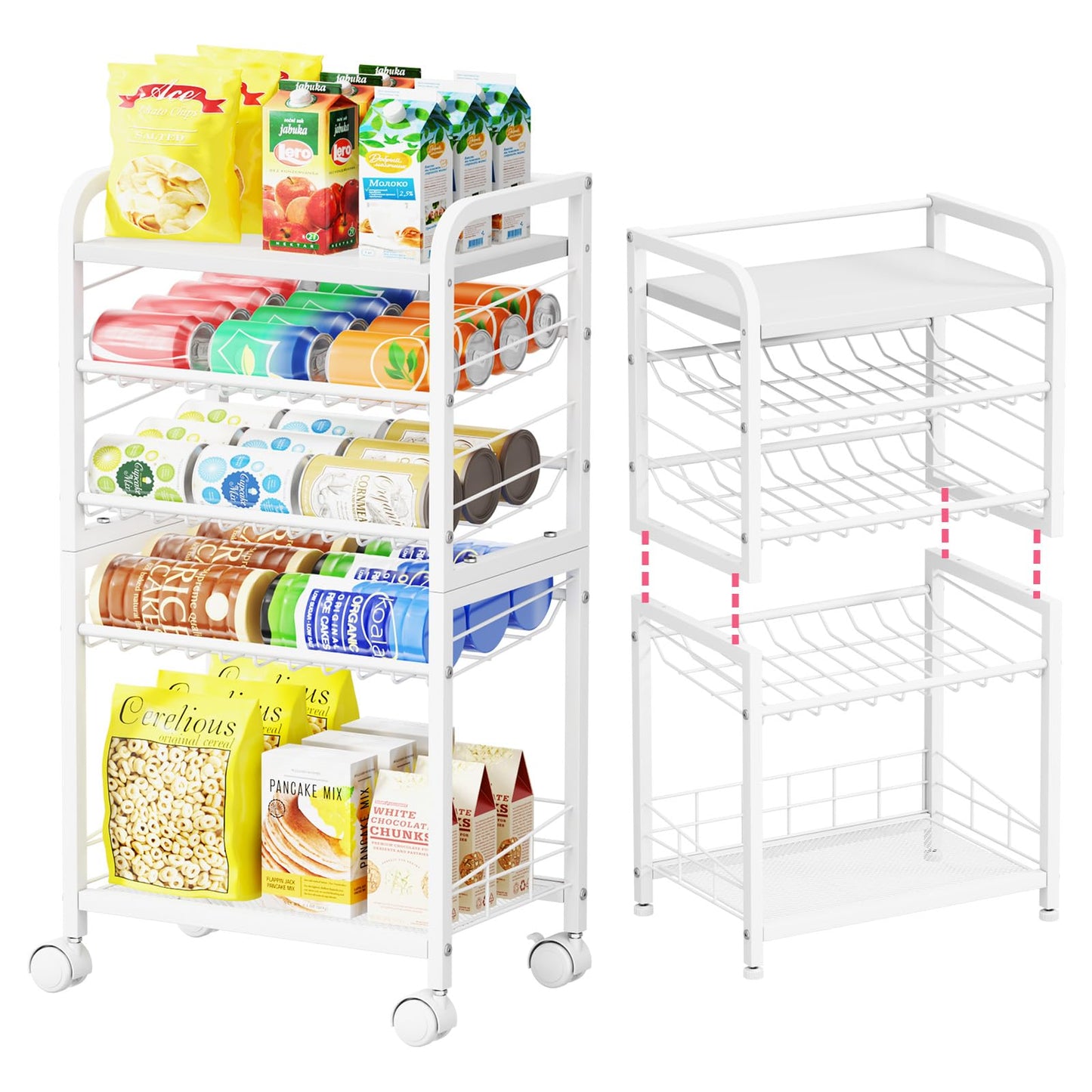 SWTYMIKI Can Organizer for Pantry - Stackable Rolling Snack Cart, Soda Can Organizer, Multi-Functional Shelf with Adjustable Wheels for Kitchen, Office, Living Room, White