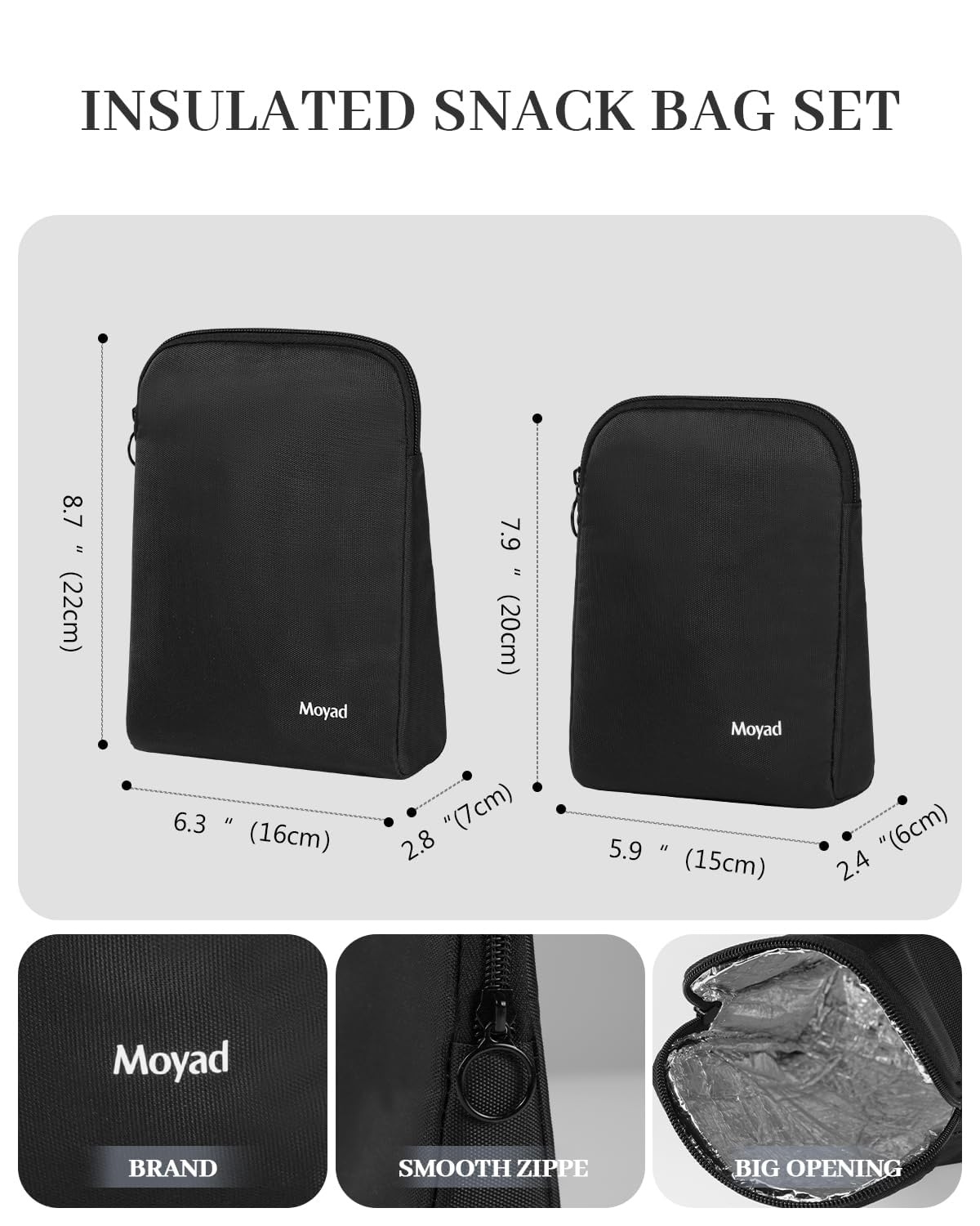Moyad Reusable Sandwich Bags 2 Pack, Insulated Snack Bag for Lunch Bag, BPA Free Lunch Pouch for Men Women for Picnic, Travel, Office (Black)