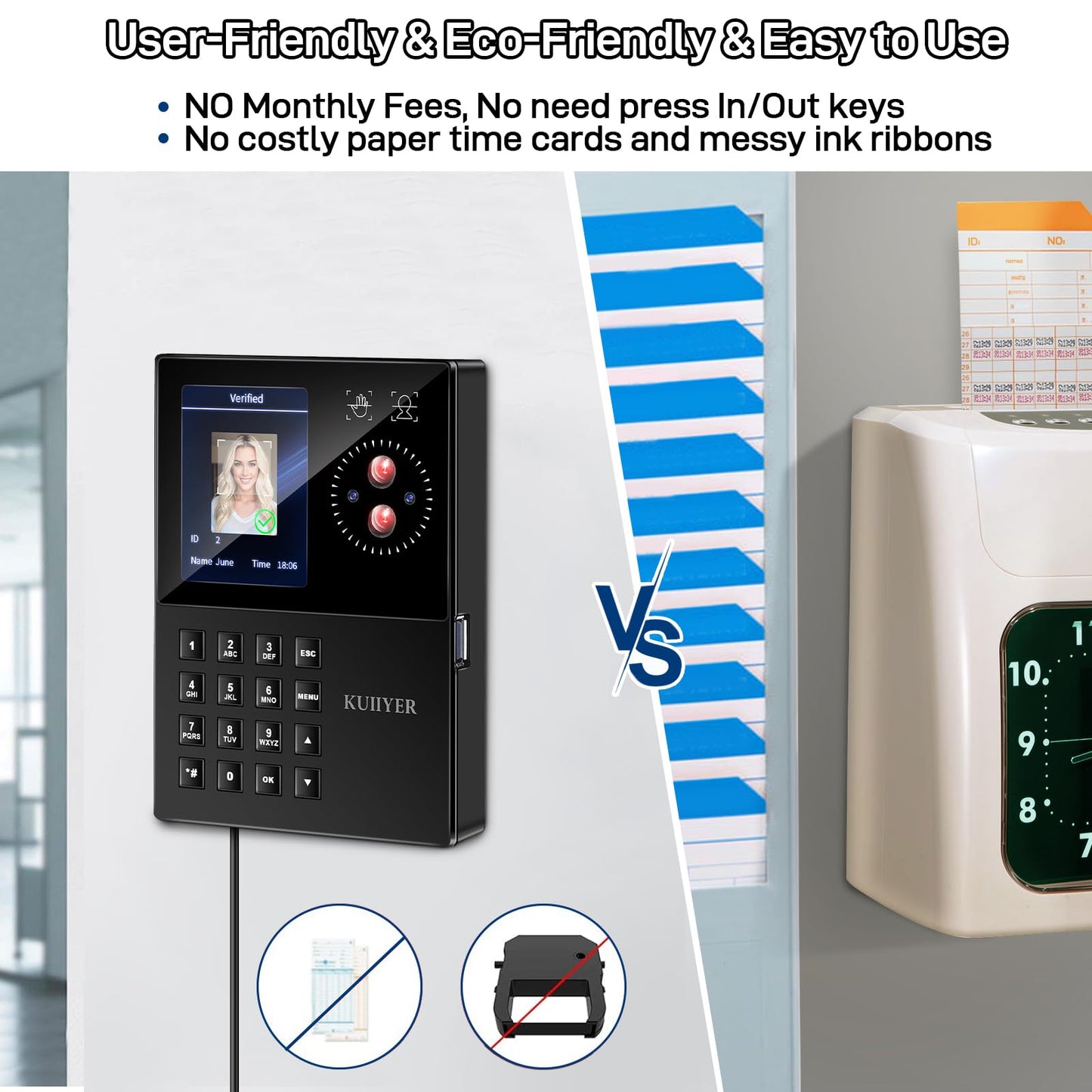 KUIIYER 3 in 1 Employees Time Clocks for Small Business (Face + Palm Print + Password) Employee Clock in & Out Machine Biometric Attendance Punch Clock Recorder Tracker (No Monthly Fee)