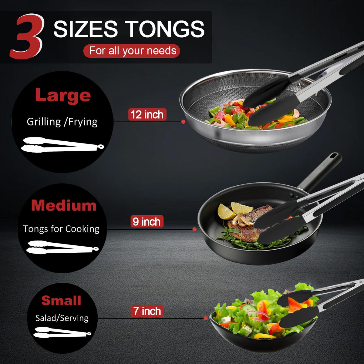 9 Pieces Silicone Tongs for Cooking 7,9,12 inches Kitchen Tongs with Silicone Tip Stainless Steel Heat Resistant Cooking Tongs for Food Grill Salad BBQ Frying and Serving, Black