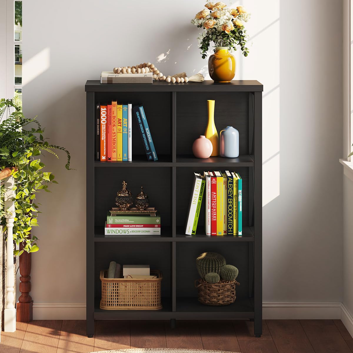 FATORRI 6 Cube Storage Organizer with Storage, Modern 4-Tier Bookshelf with X-Shaped Metal Frame, Black Wood Bookcase for Living Room, Home Office, Bedroom, Easy Assembly