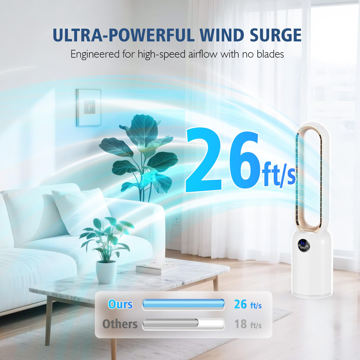 MOMOKOVA Bladeless Tower Fan for Bedroom, Powerful 26ft/s Airflow, 24 Speeds, 90° Oscillation, 12H Timer, Standing Fans with Remote, Quiet Bladeless Cooling Fan for Home Office Room, White Gold
