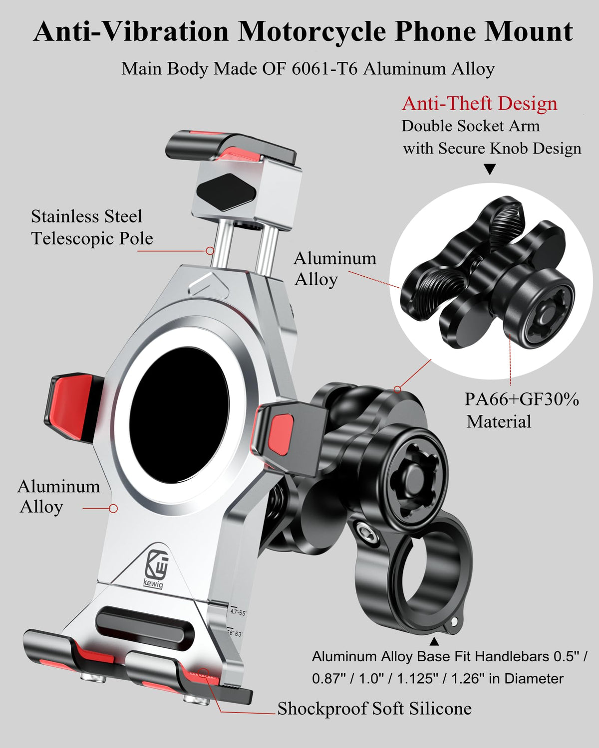 BRCOVAN Anti-Theft Aluminum Alloy Motorcycle Phone Mount with Vibration Dampener & Secure Lock, Adjustable Motorcycle Handlebar Cellphone Holder for Bike Bicycle Scooter ATV, Fit 4.7-7.2'' Smartphone