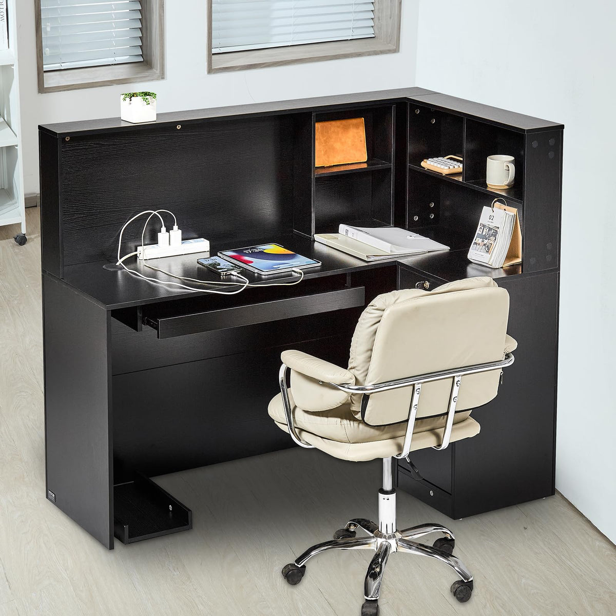 VEVOR Reception Desk, 55Inch L-Shaped Front Counter Table, Office Reception Counter with Drawer Keyboard Tray and Storage Cabinet, for Checkout, Lobby, Beauty Salon & Office, Black