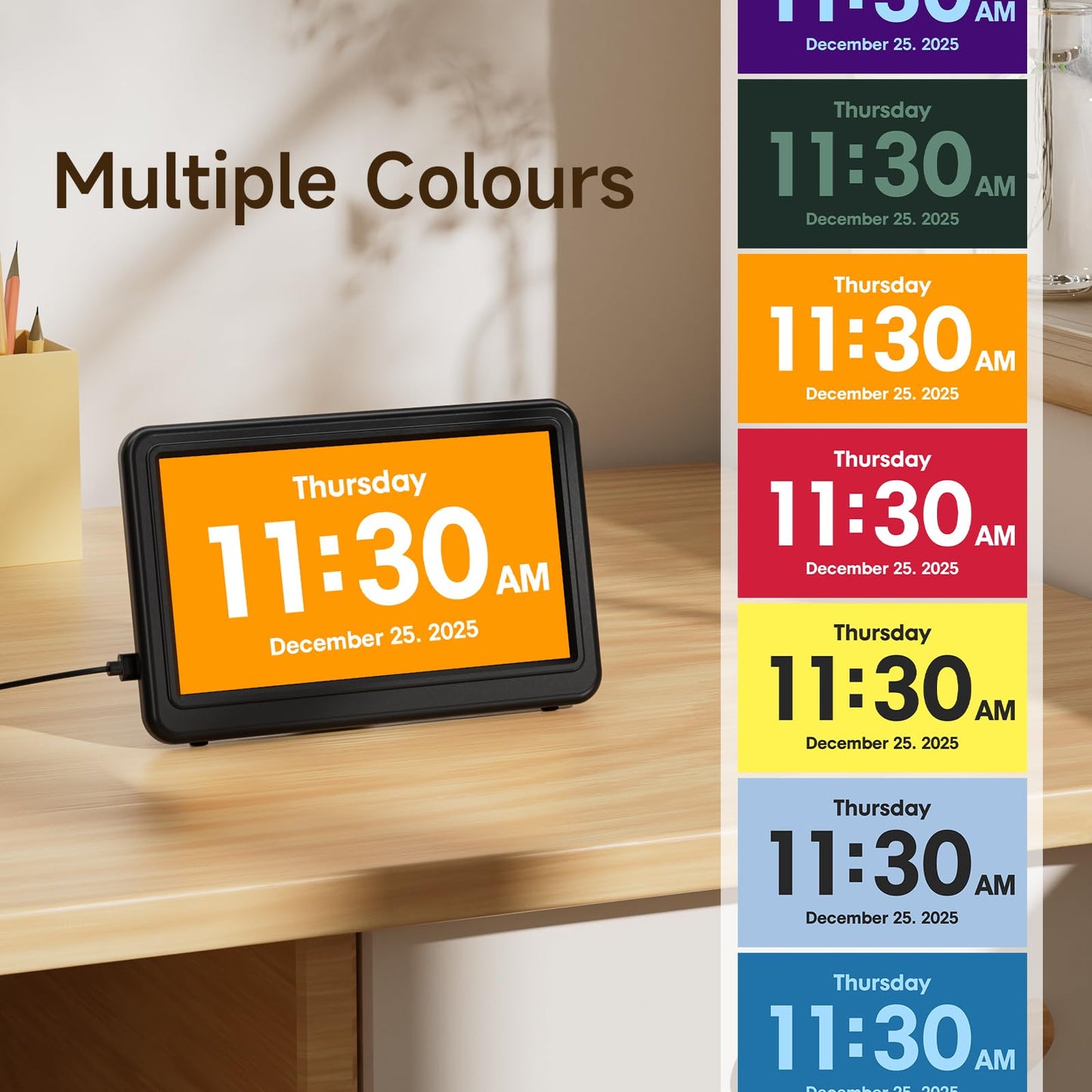 Raynic Date Clock, Digital Clock with 12 Themes, 20 Alarms, 20 Reminders, Semi-Automatic Dimming, 12/24 Hours, Auto DST Clock for Seniors Desktop, Office, Students (Black, 7 Inches)
